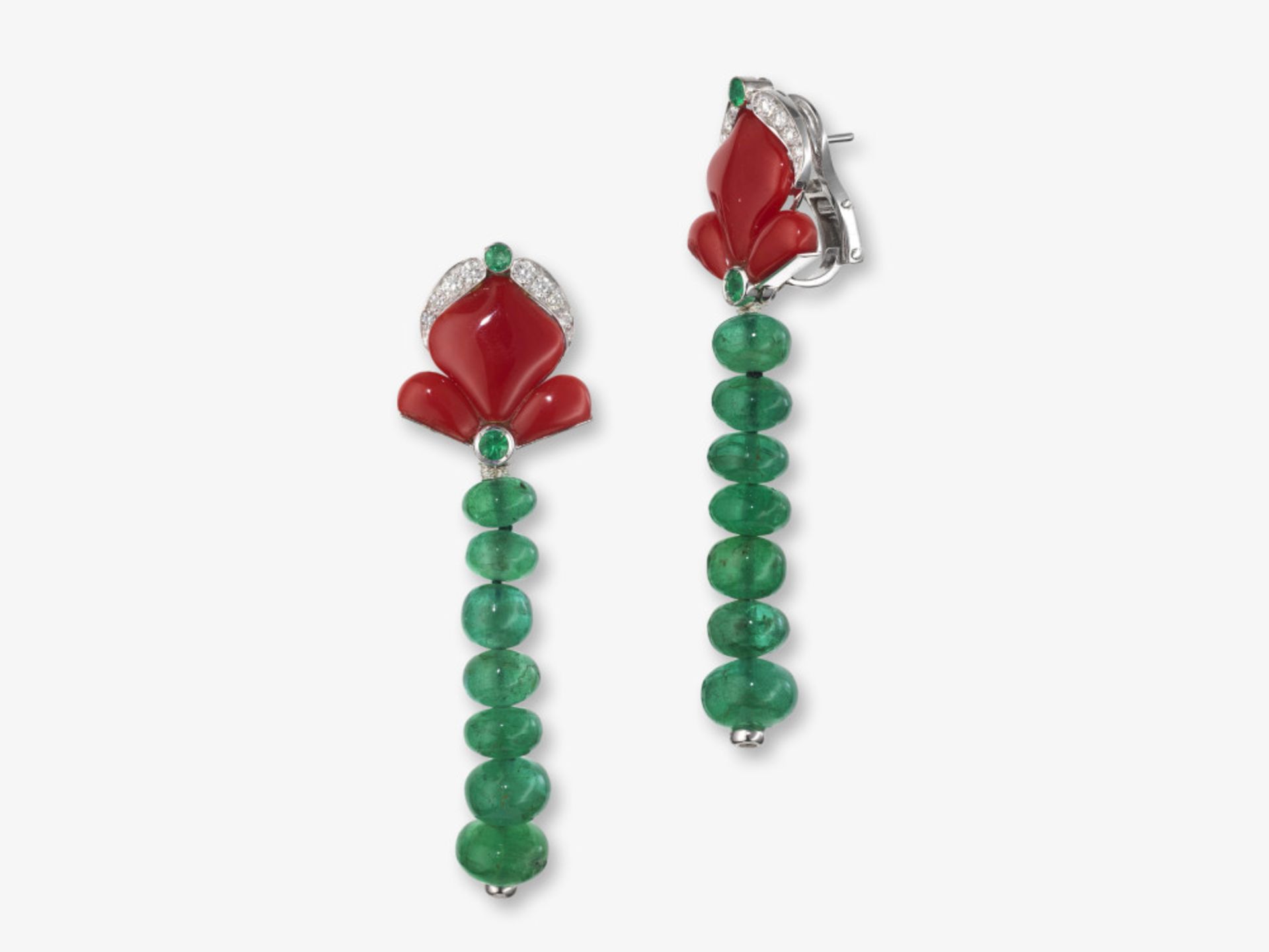 A pair of drop earrings with coral, emeralds and brilliant-cut diamonds - Image 2 of 2