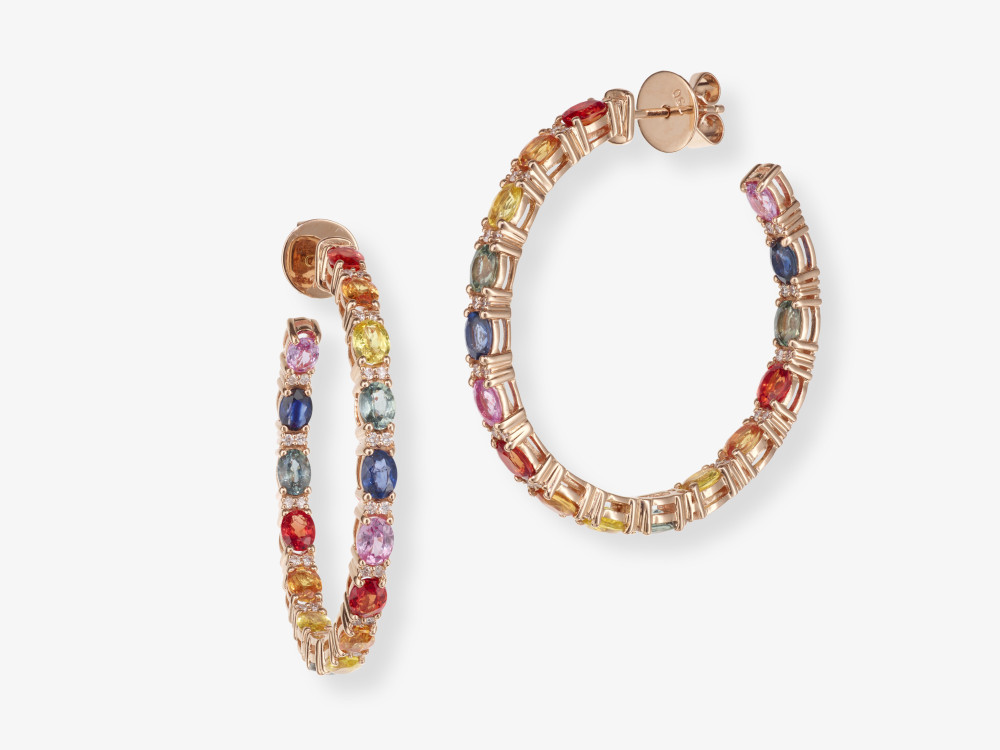 A pair of unique hoop earrings decorated with multi-coloured sapphires - Image 2 of 2