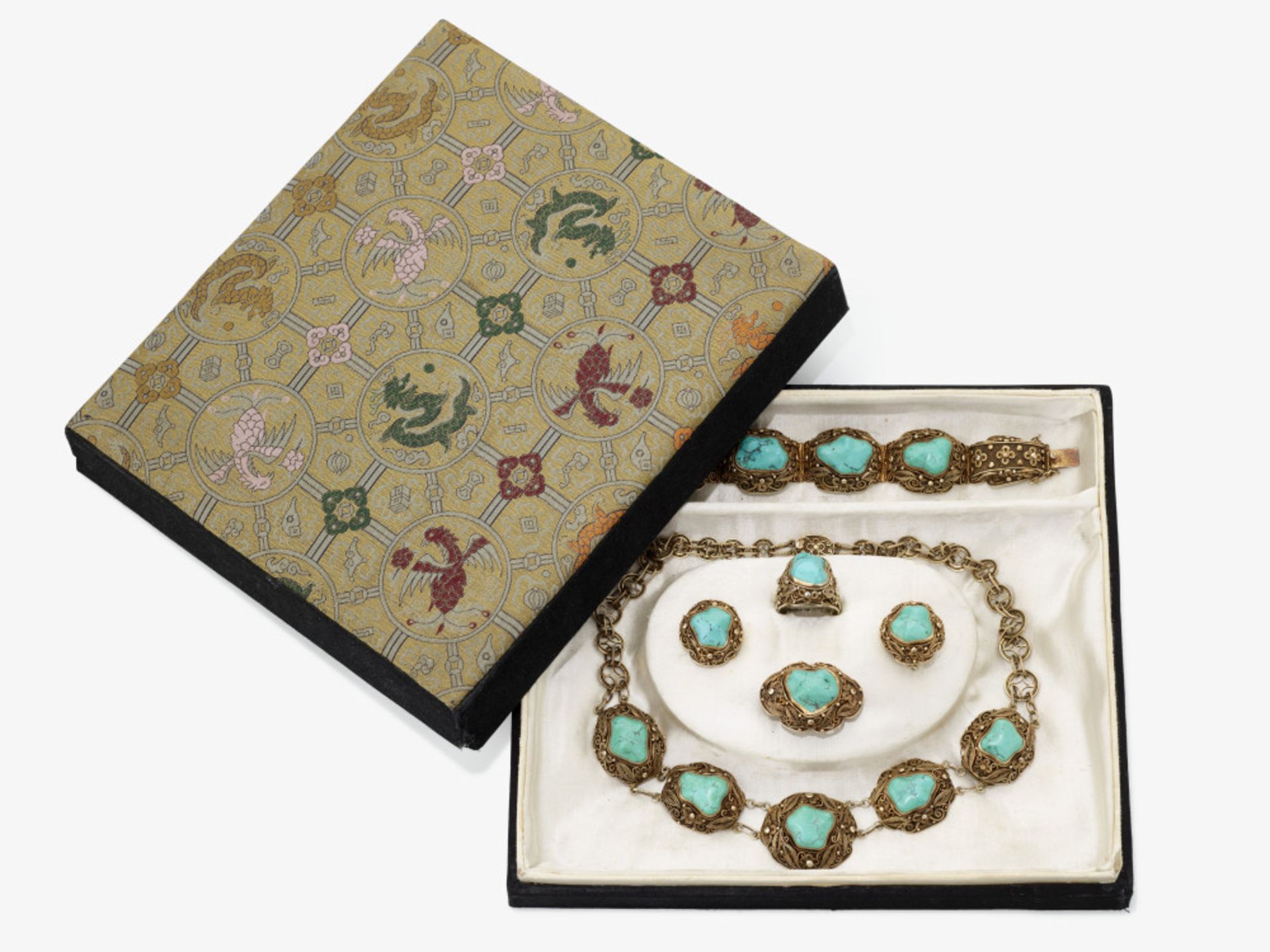 Garnitur mit Türkisen: bestehend aus Kette, Armband, Ring, Brosche und einem Paar Ohrringe - Bild 12 aus 14