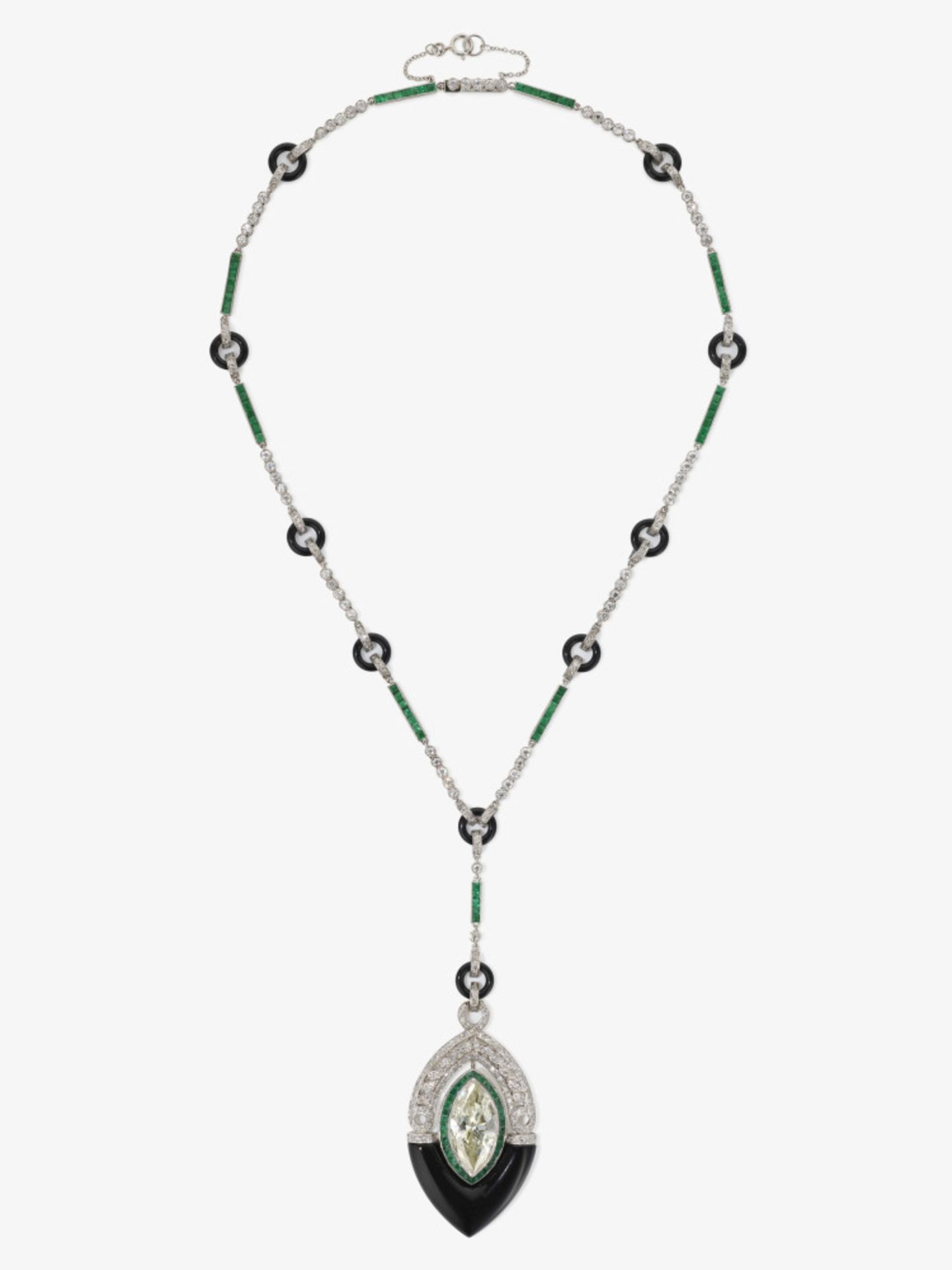 Historisches Collier verziert mit einem Diamanten im Marquise, Onxy-Elemete, Smaragde und Diamanten - Bild 6 aus 8