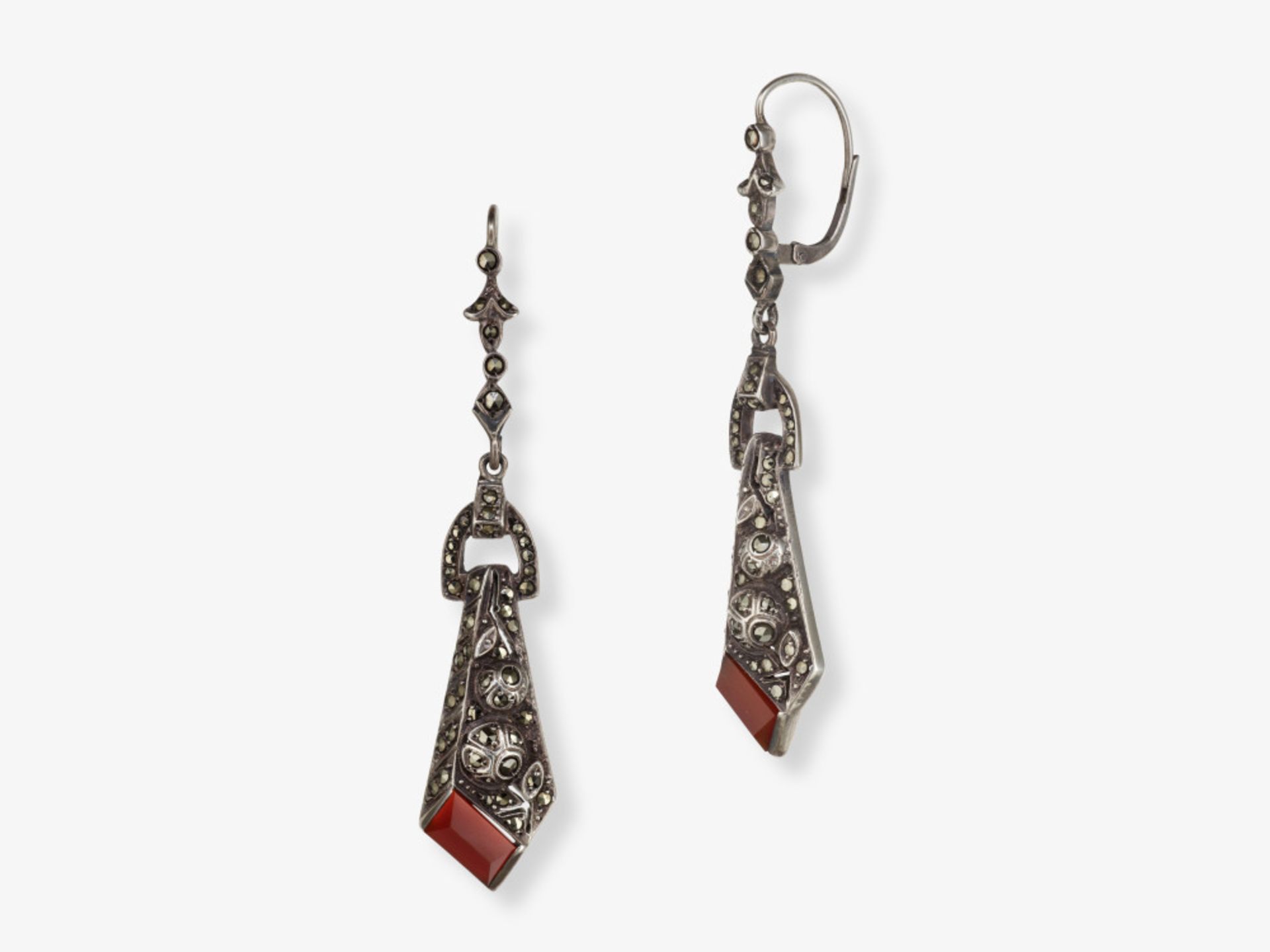 A pair of drop earrings with carnelians and marcasites - Image 2 of 2