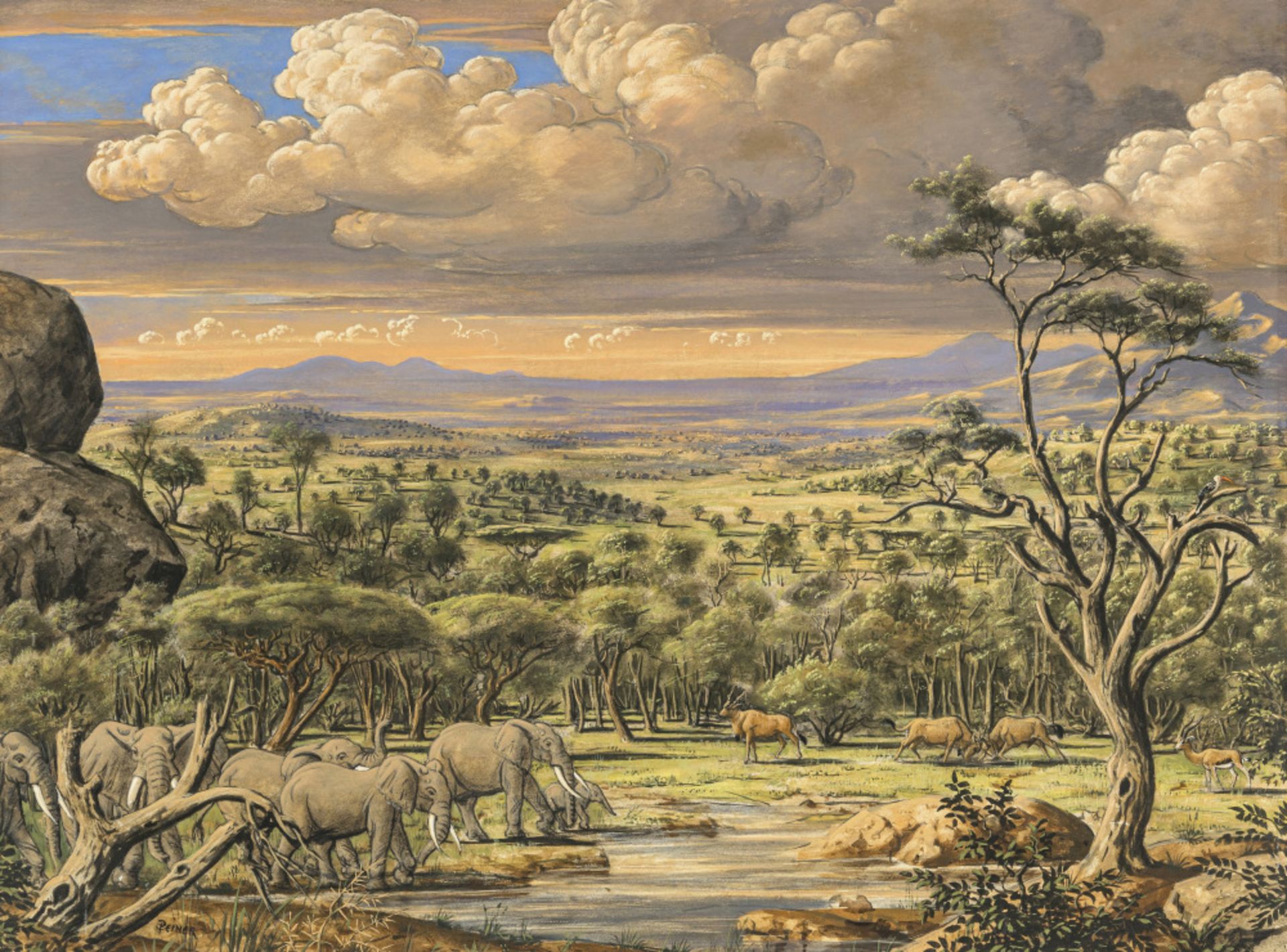 Werner Peiner  - Afrikanische Landschaft mit Elefantenherde   