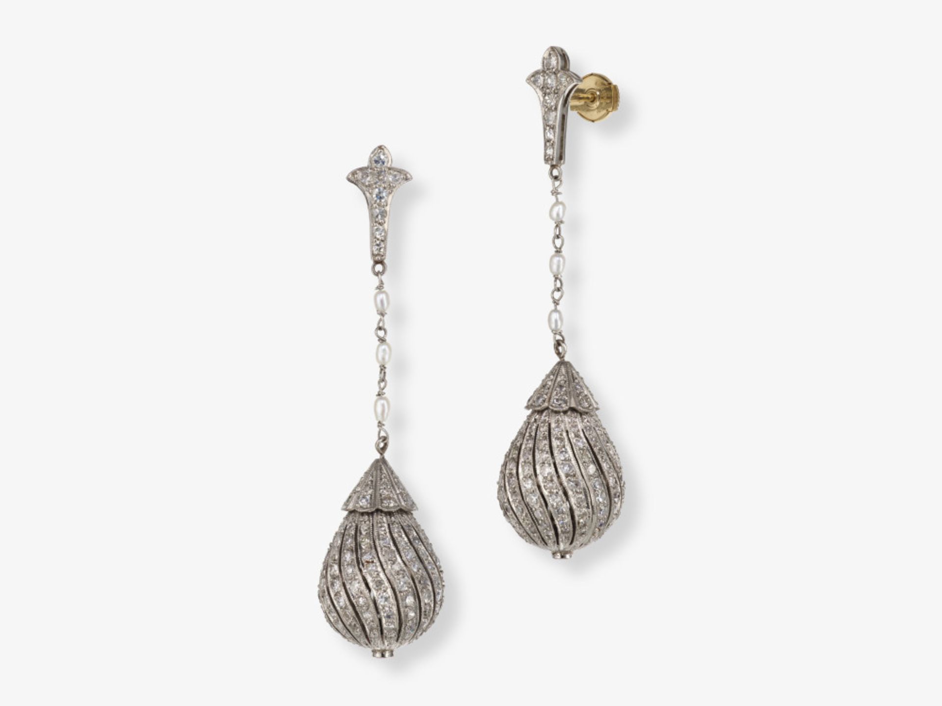 Historical drop earrings decorated with small river pearls and diamonds