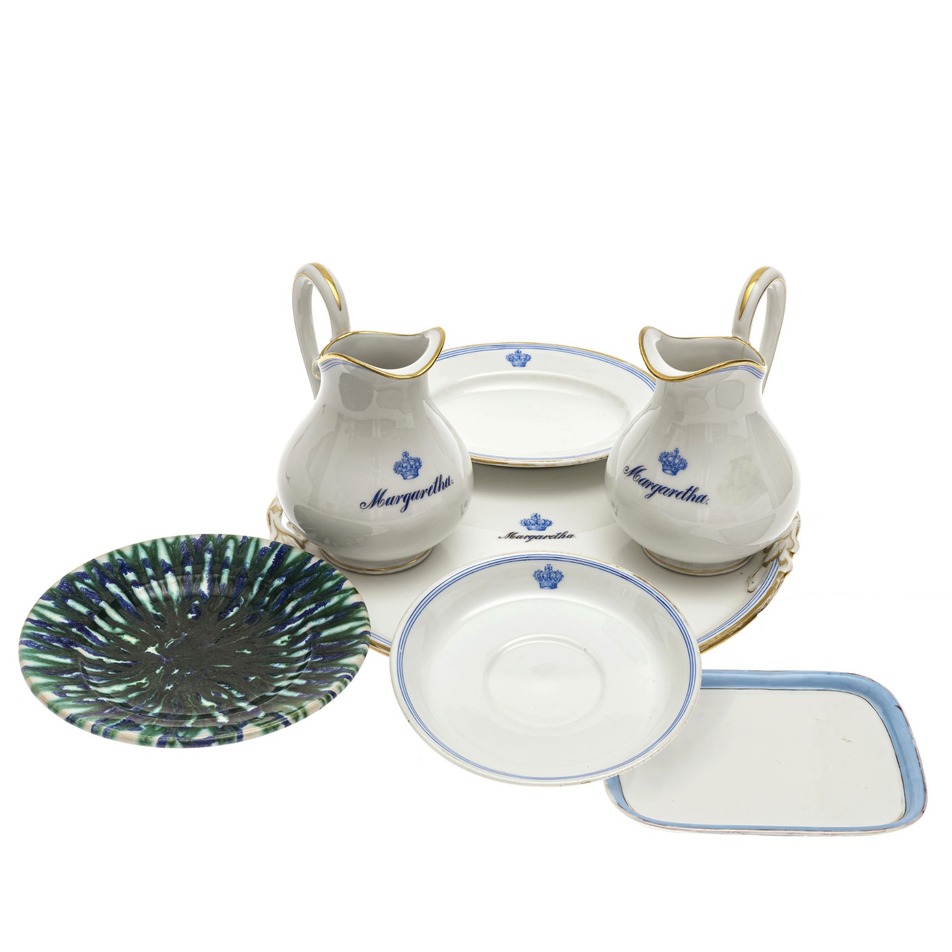 Two pots, cake stand, oval bowl and small tray