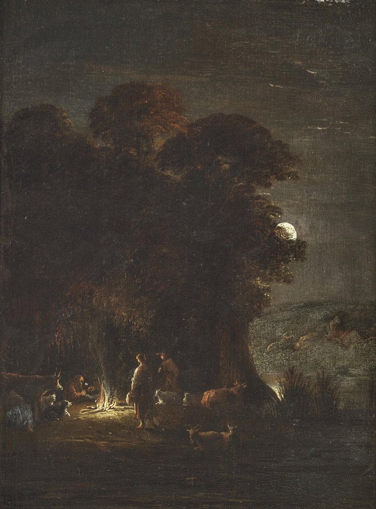 Shepherds around the campfire at full moon