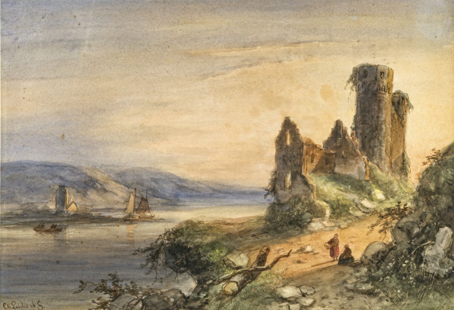 Charles Henri Joseph Leickert  - Flusslandschaft mit Ruine und Figurenstaffage    - Bild 2 aus 4