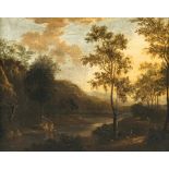 Tree-lined shore landscape with figures