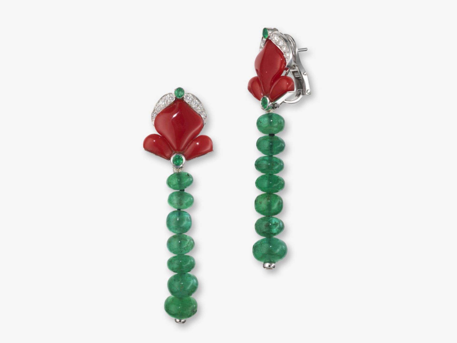 A pair of drop earrings with coral, emeralds and brilliant-cut diamonds