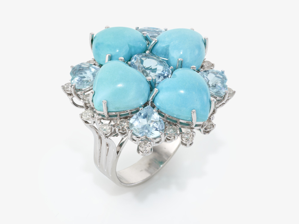 A ring with aquamarine- and turquoise hearts and brilliant-cut diamonds - Image 2 of 4
