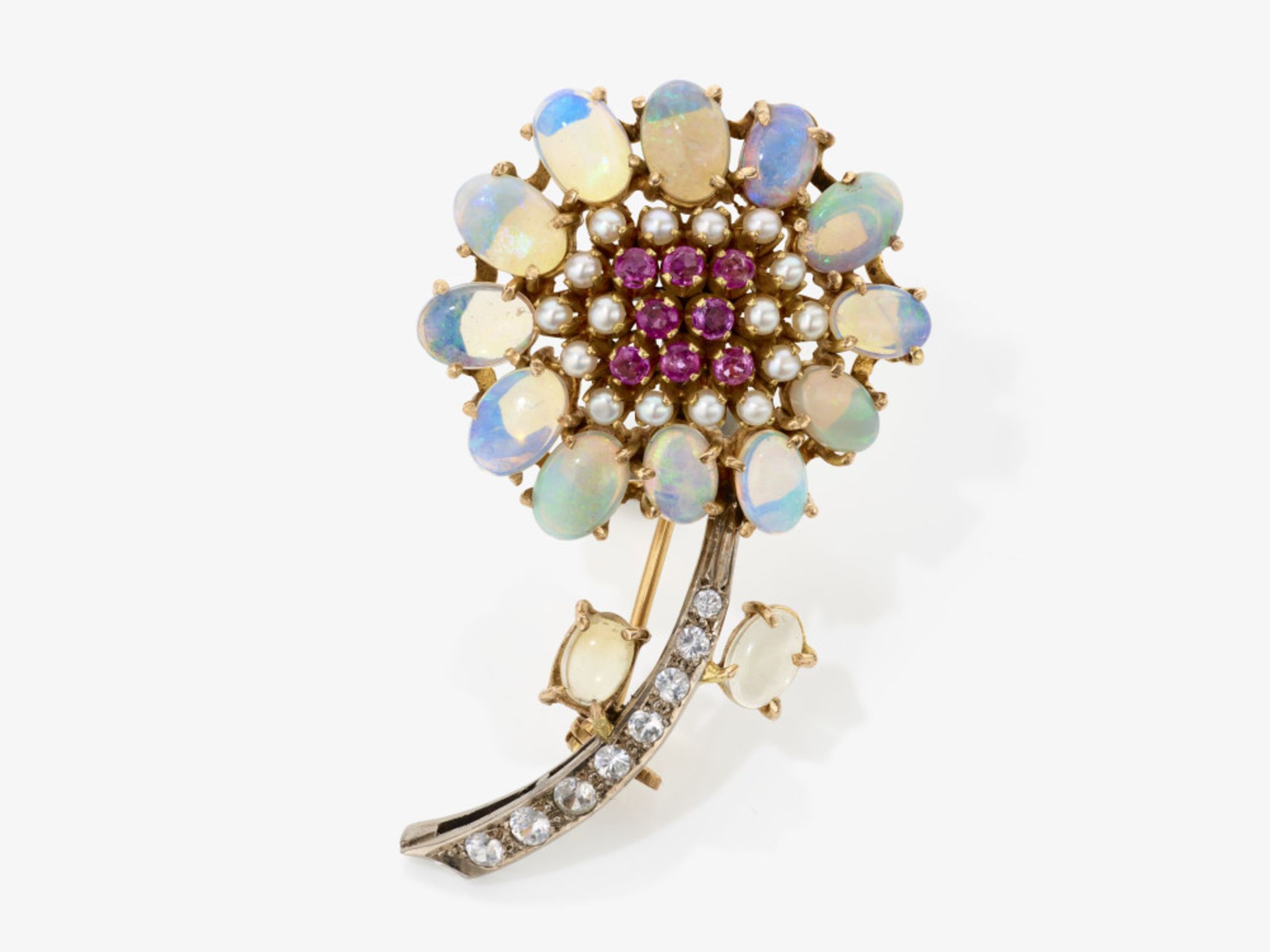 A flower brooch with opals, rubies, sapphires and seed pearls