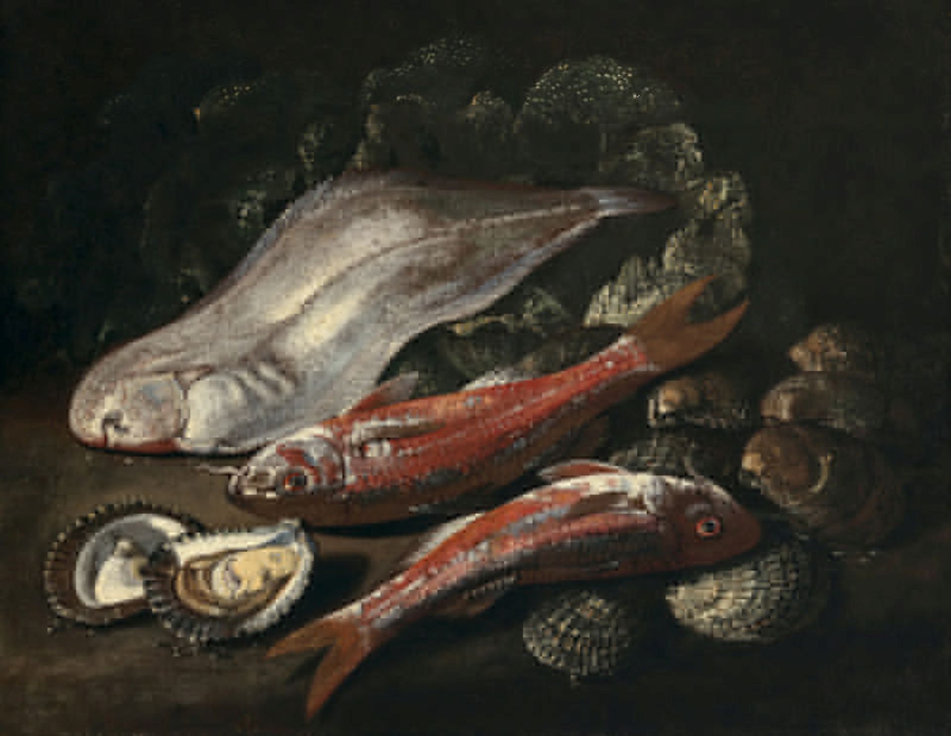 Stillleben mit Fischen, Muscheln und Kohl