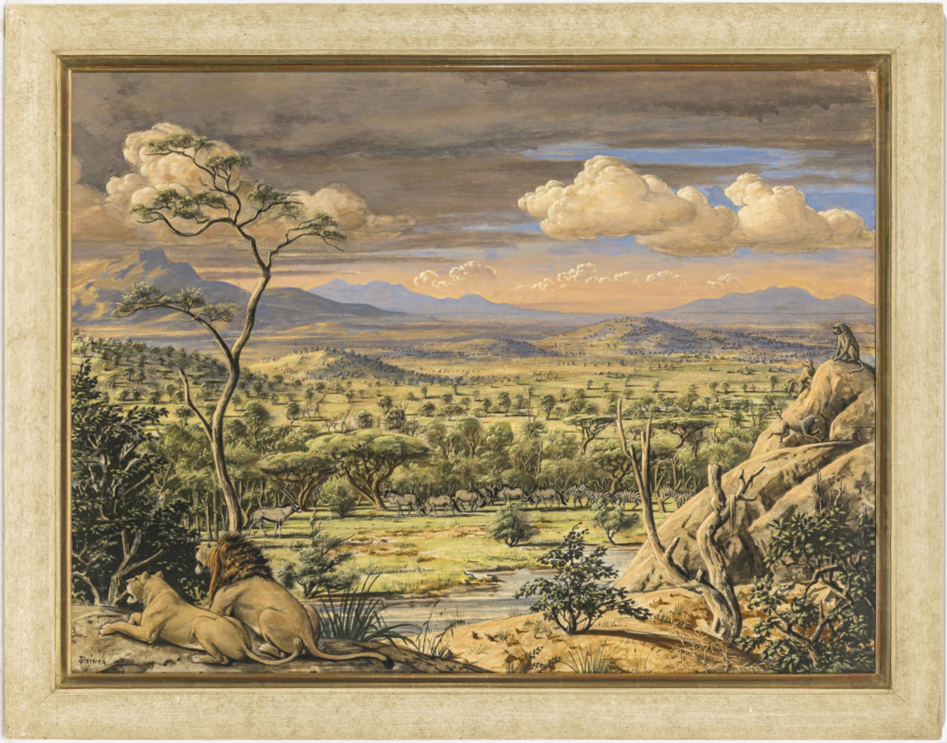 Werner Peiner  - Afrikanische Landschaft mit Zebras, Affen und Löwen    - Bild 3 aus 4