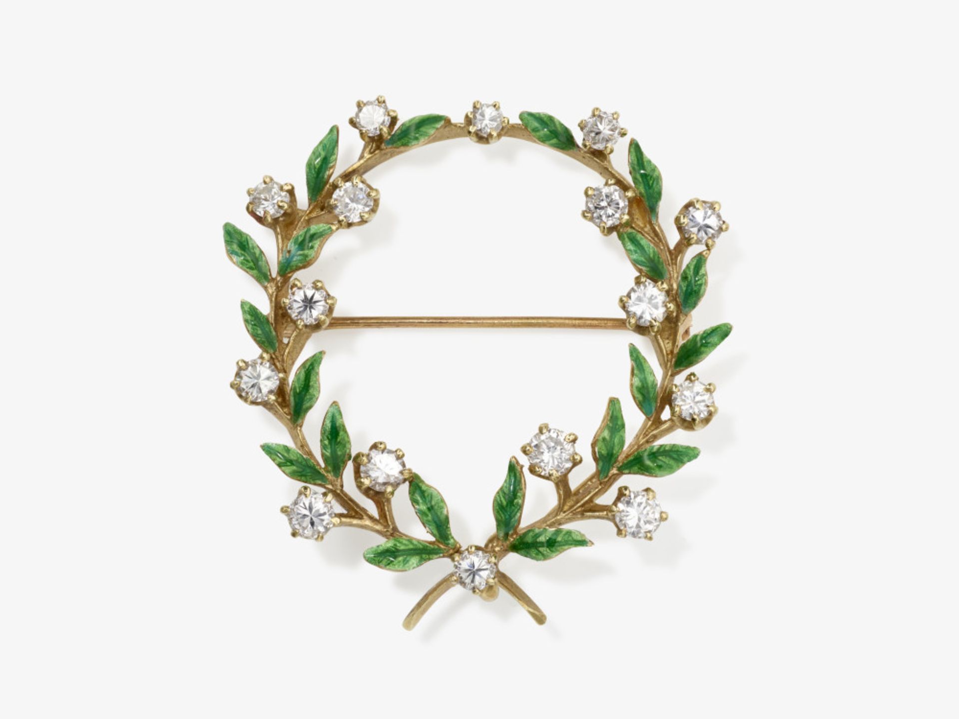 A historical flowering branch wreath brooch decorated with brilliant-cut diamonds and enamel