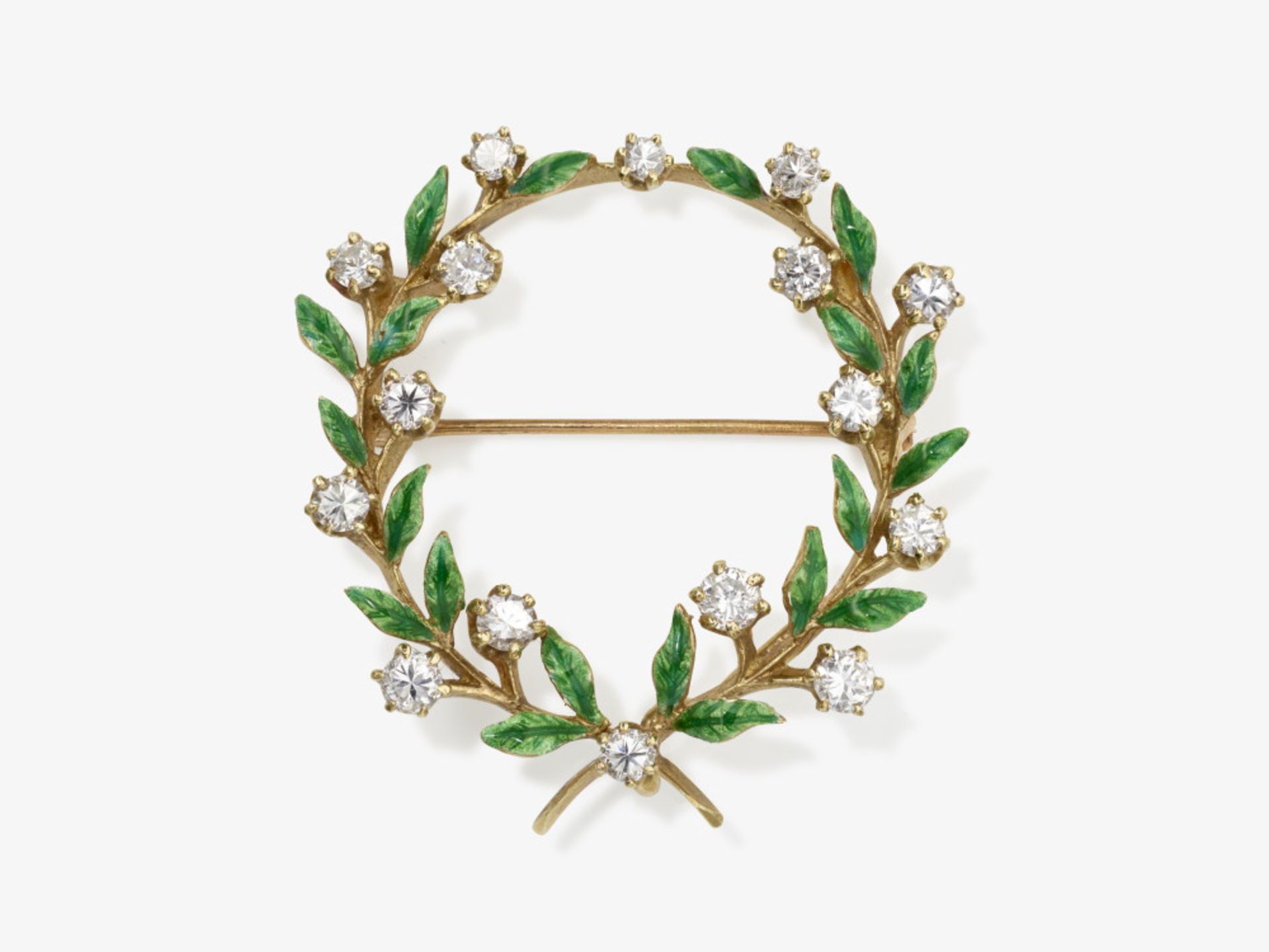 A historical flowering branch wreath brooch decorated with brilliant-cut diamonds and enamel - Image 2 of 2