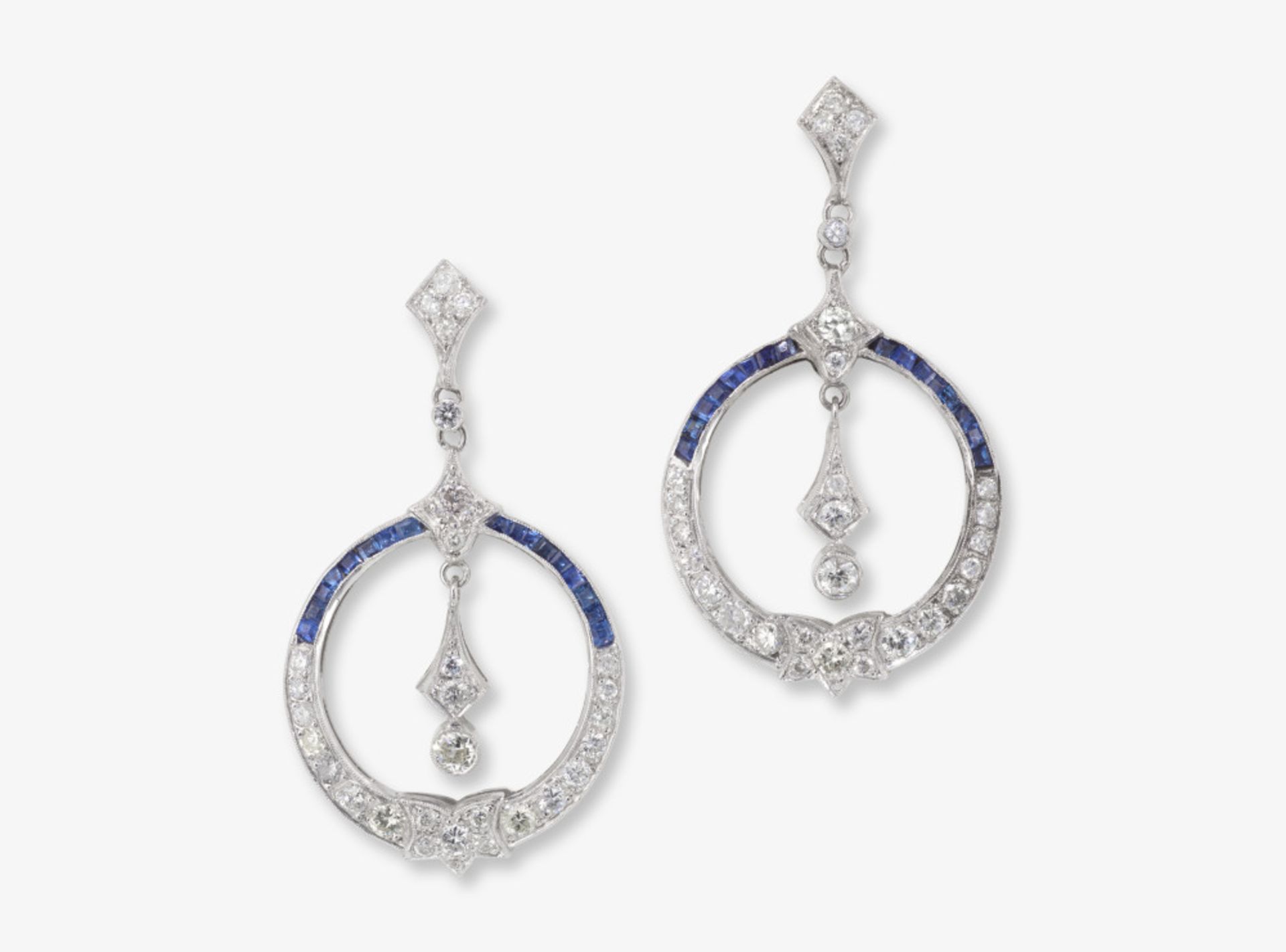 A pair of historical drop earrings decorated with brilliant-cut diamonds and sapphires - America, 19