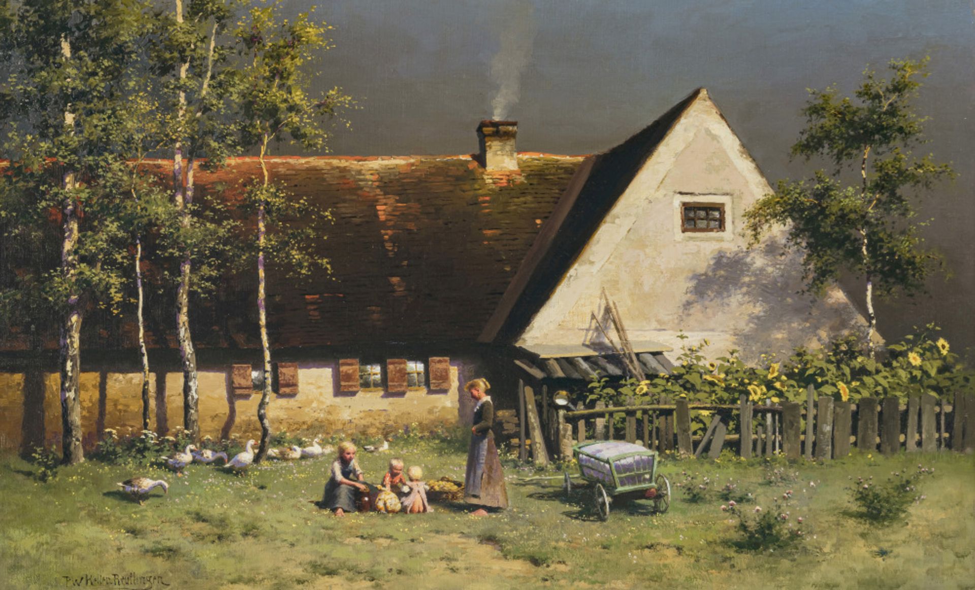 Paul Wilhelm Keller-Reutlingen - Mother with children in front of the farmhouse