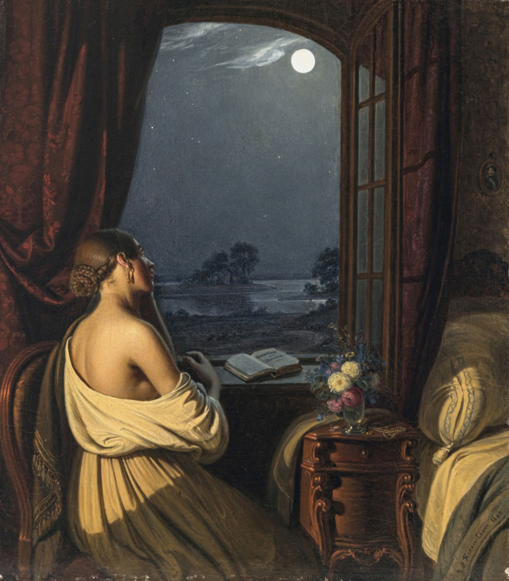 Johann Peter Hasenclever - Junge Frau am offenen Fenster, in Betrachtung des Vollmondes