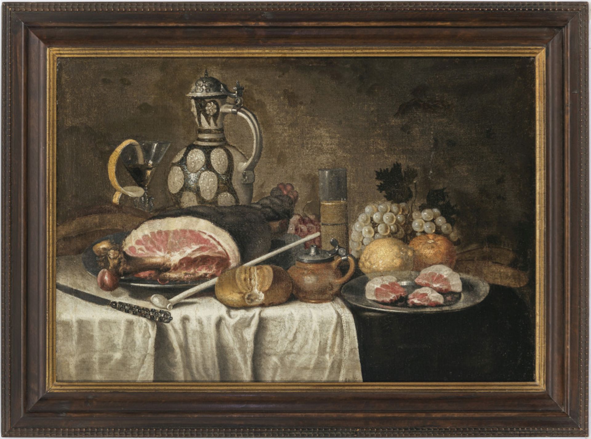 Cornelis Mahu, zugeschrieben - Stillleben mit Schinken, Krug und Früchten - Bild 2 aus 2