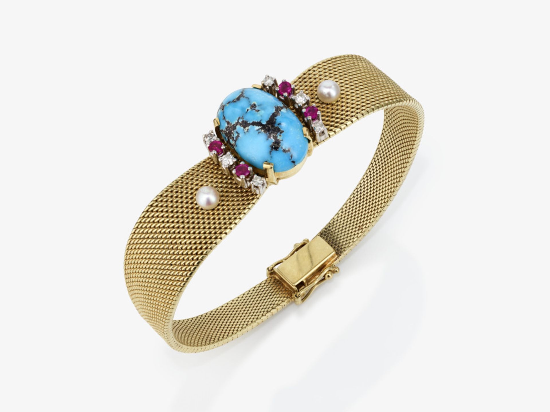 A bracelet with turquoise, brilliant-cut diamonds and rubies - Germany, 1960s / 1970s