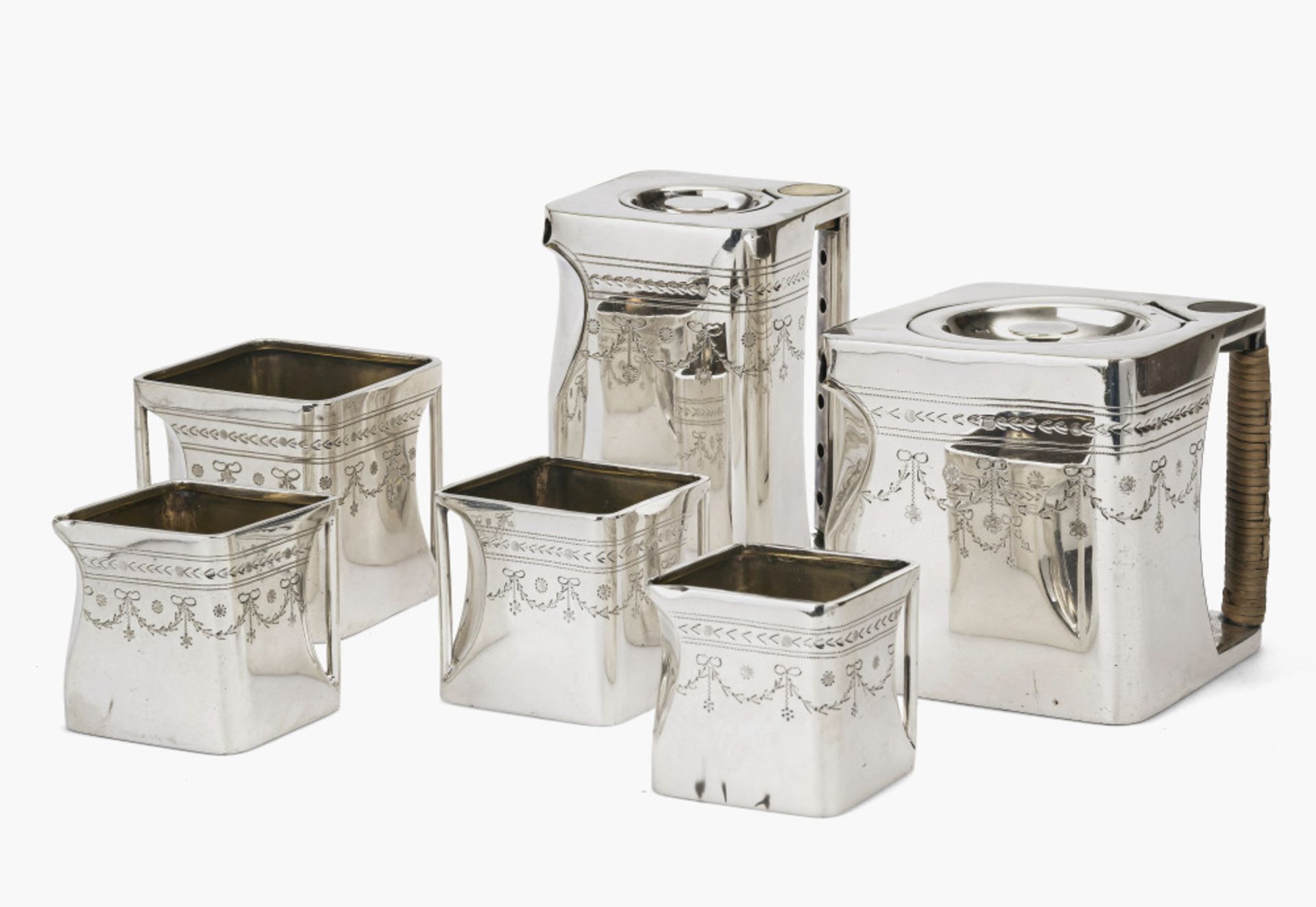 A six-piece tea- and coffee service "The Cube" - Design by Robert Crawford Johnson, manufactured by
