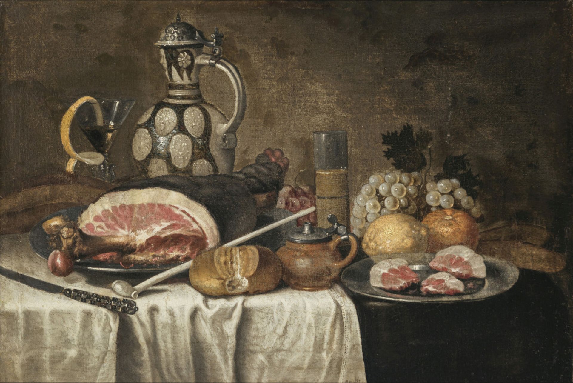 Cornelis Mahu, zugeschrieben - Stillleben mit Schinken, Krug und Früchten