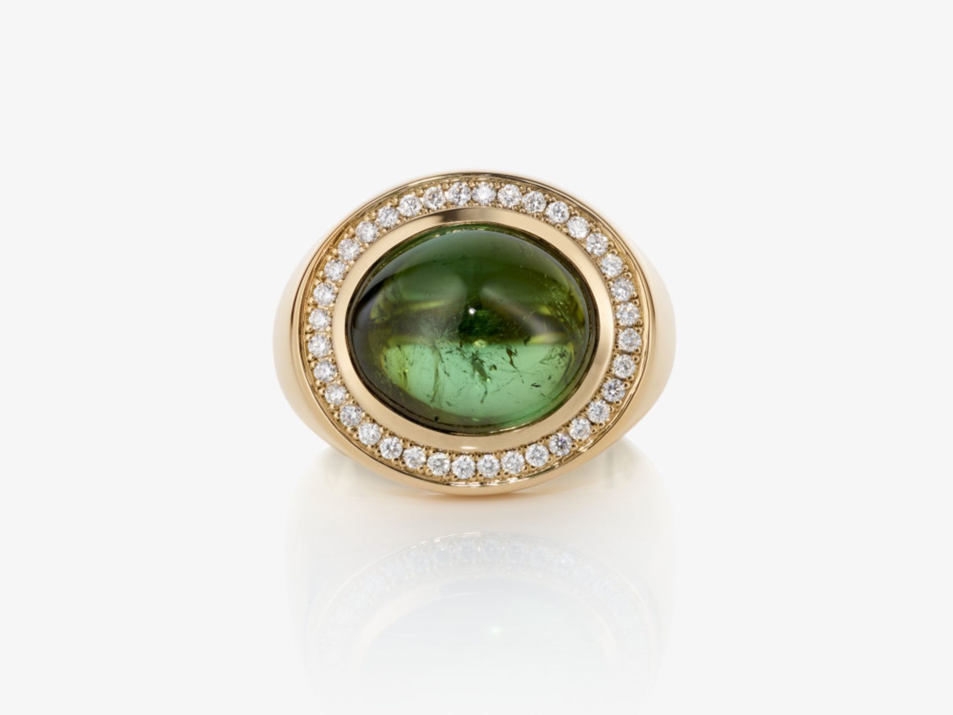 A cocktail ring decorated with a fine green cabochon-cut chrome tourmaline and brilliant-cut diamond - Image 2 of 2
