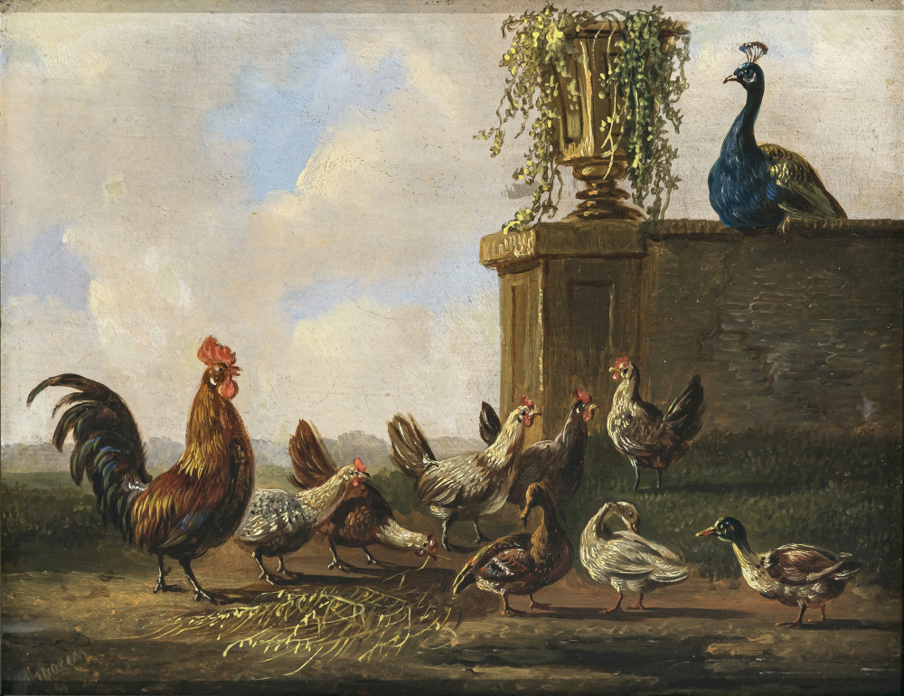 Albertus Verhoesen - Chicken yard with peacock