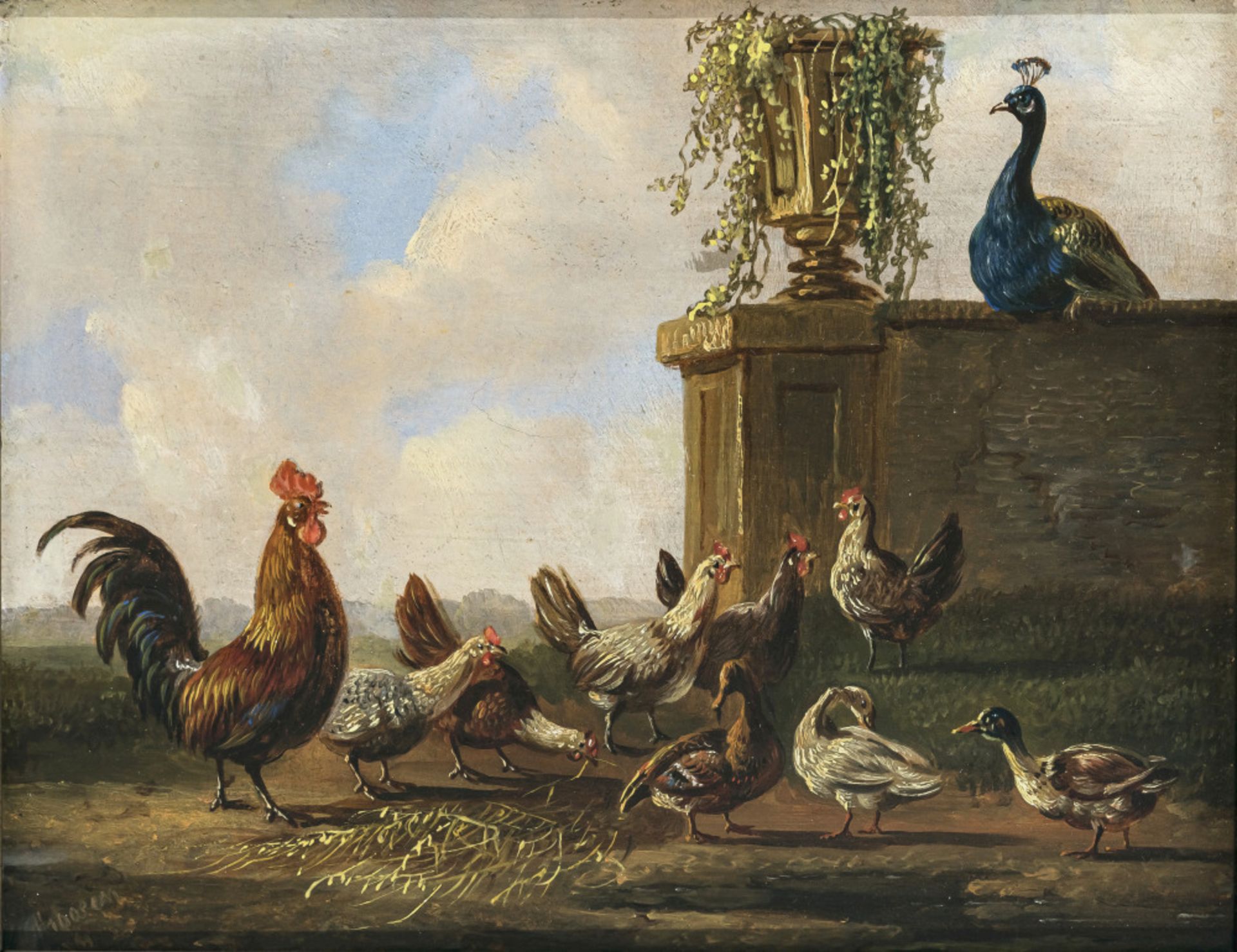 Albertus Verhoesen - Hühnerhof mit Pfau