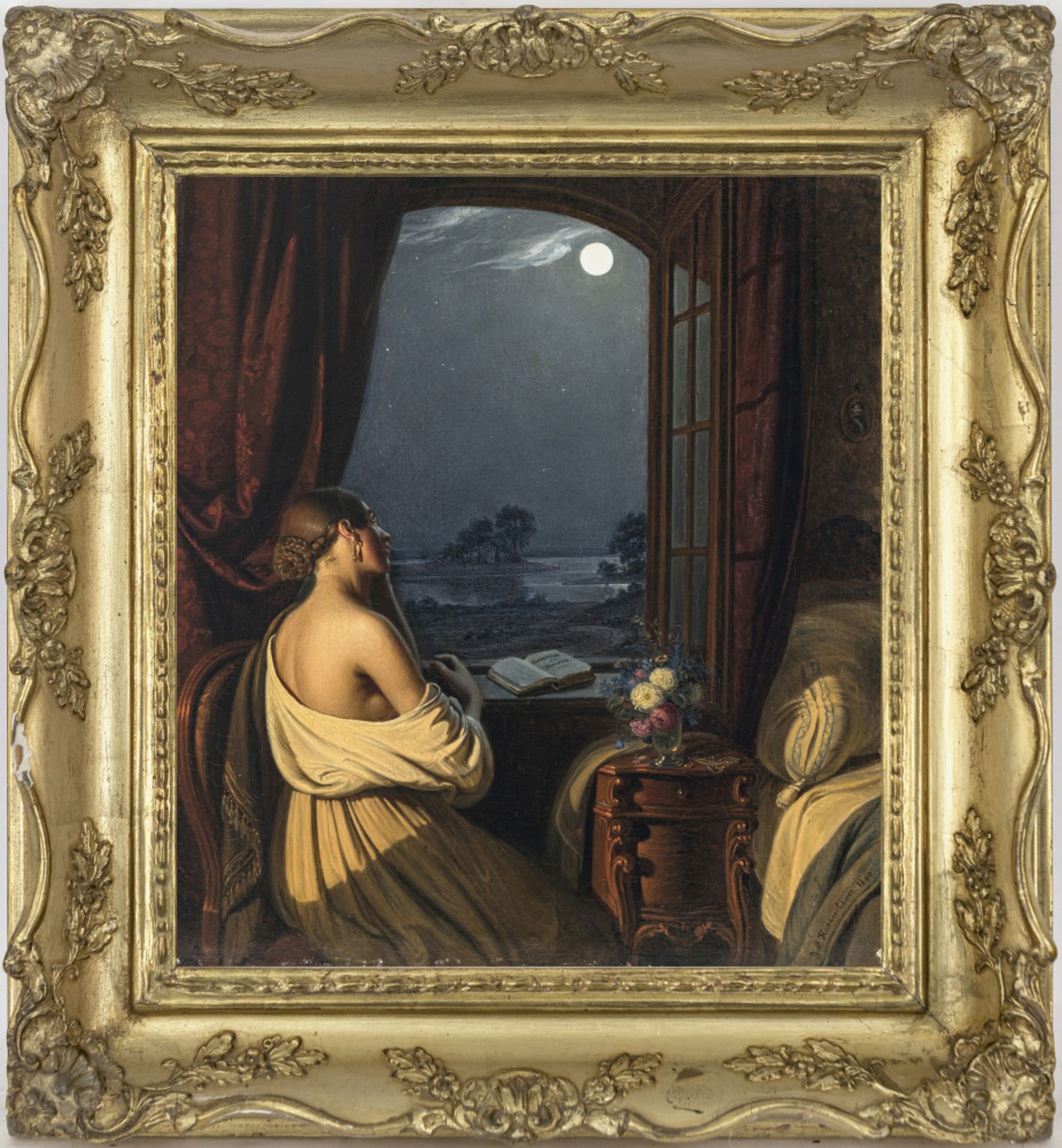 Johann Peter Hasenclever - Junge Frau am offenen Fenster, in Betrachtung des Vollmondes - Bild 2 aus 2