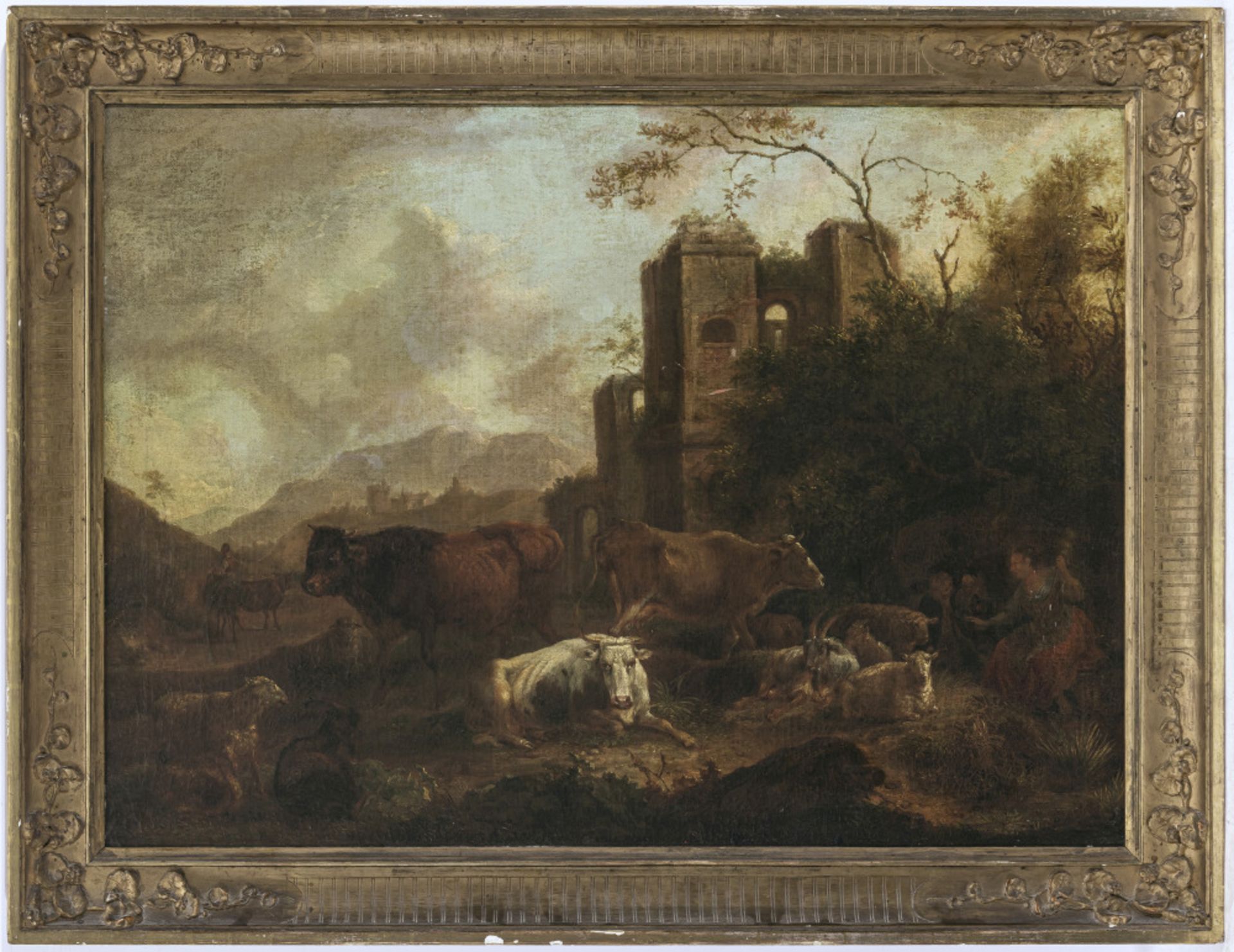 Johann Heinrich Roos, zugeschrieben - Hirten mit Vieh in südlicher Ruinenlandschaft - Bild 2 aus 3