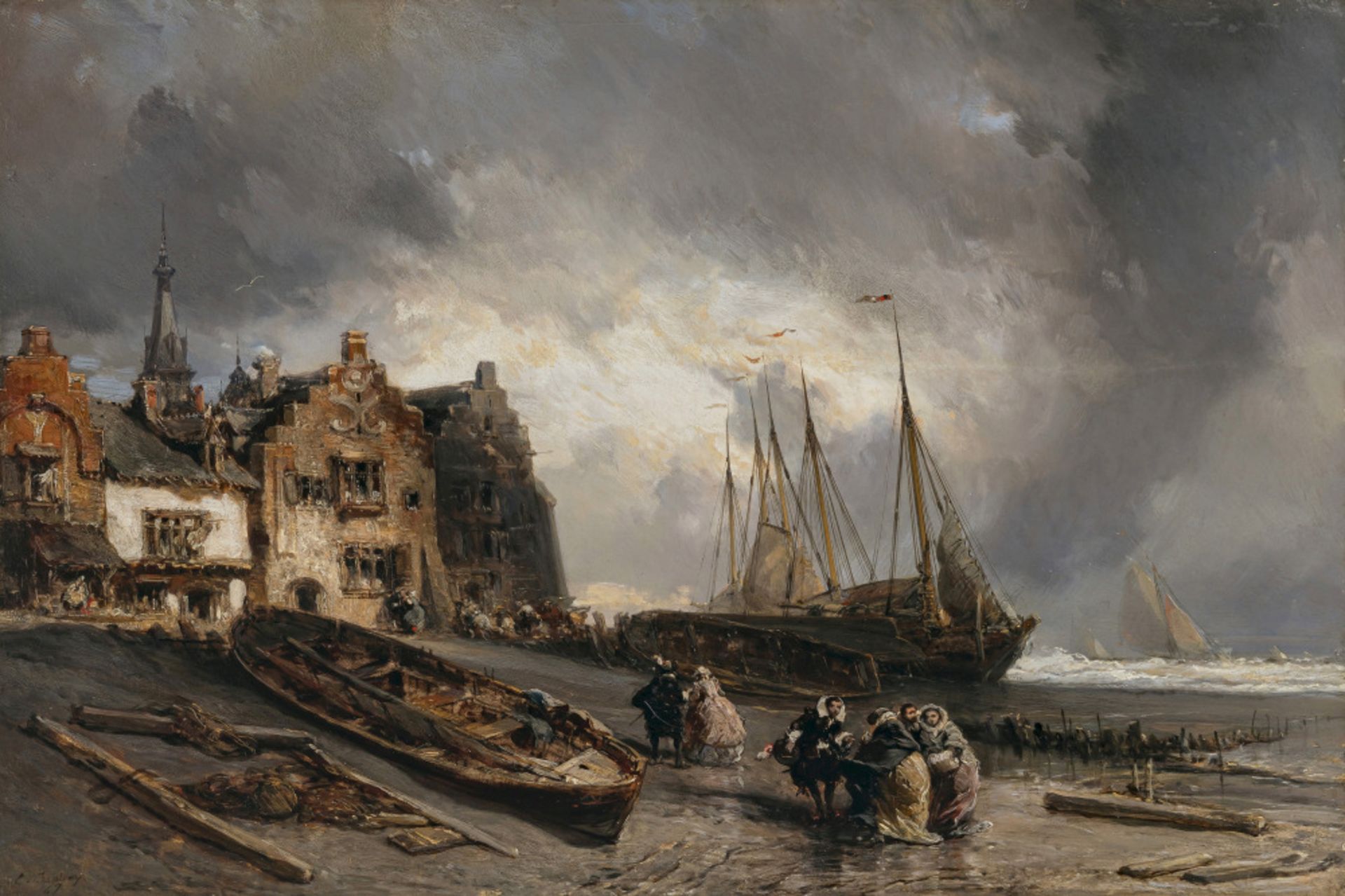 Eugène (Louis Gabriel Eugène) Isabey - Harbour scene with ships and figures