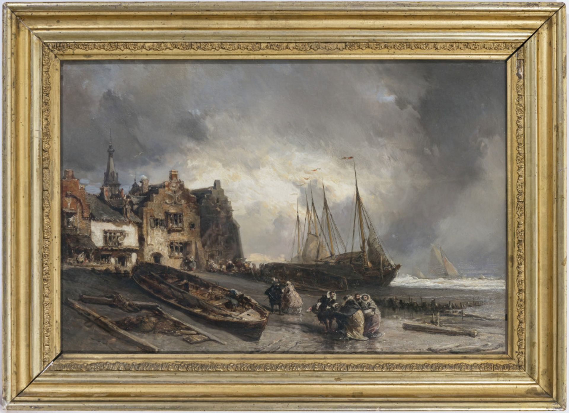 Eugène (Louis Gabriel Eugène) Isabey - Harbour scene with ships and figures - Image 2 of 3