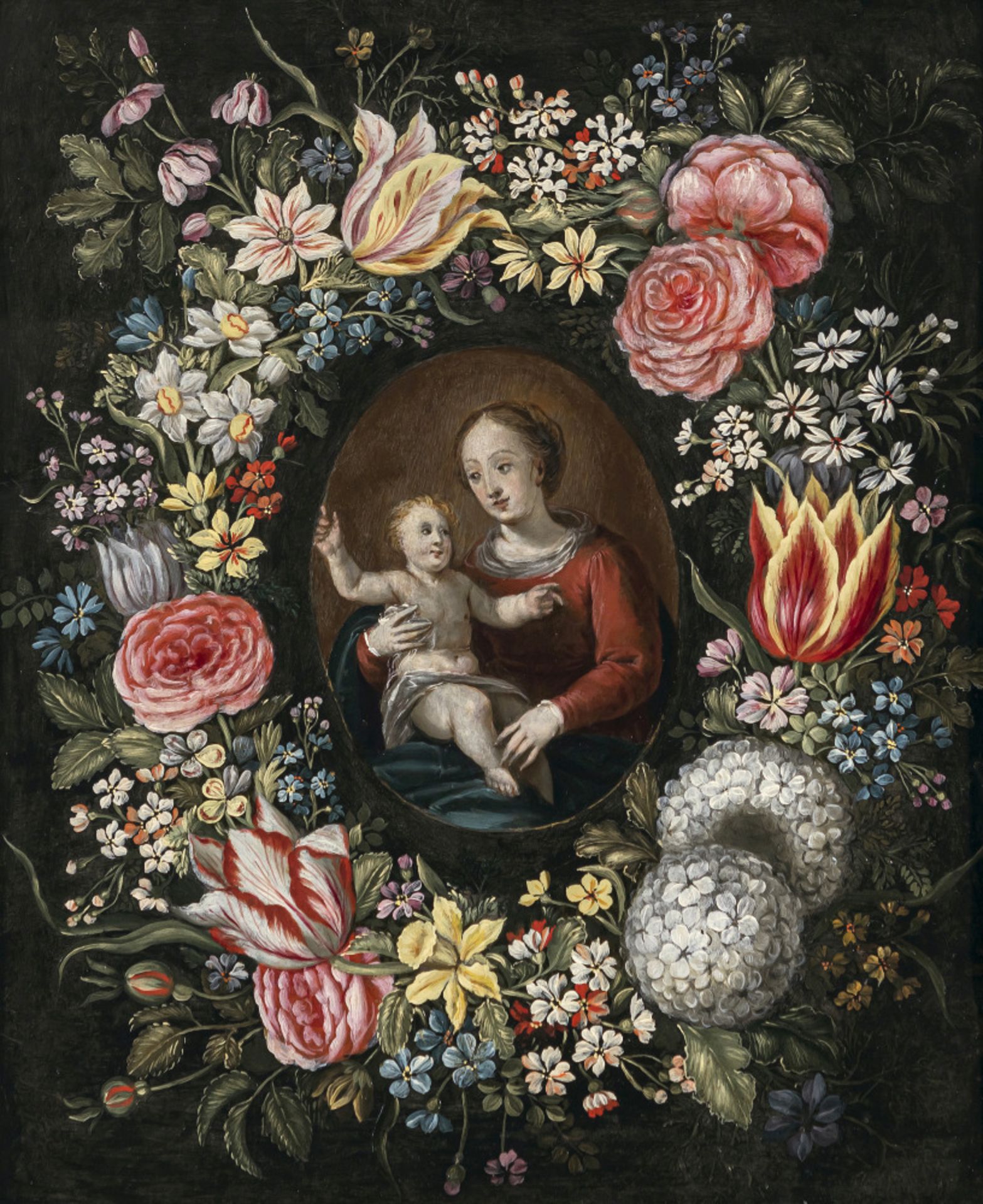 Frans Francken d. J., Art des - Mary with the Child, surrounded by a wreath of flowers