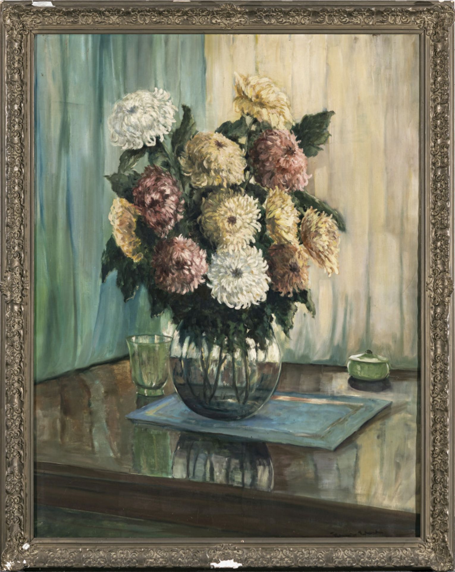 Unbekannt early 20th century - Still life with chrysanthemums in a glass vase - Image 2 of 2