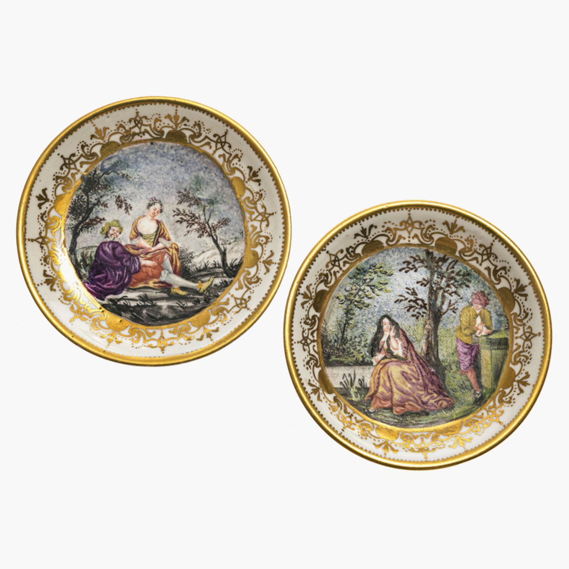 Two Hausmaler saucers - Meissen, circa 1725, painting attributed to Johann Aufenwerth, Augsburg