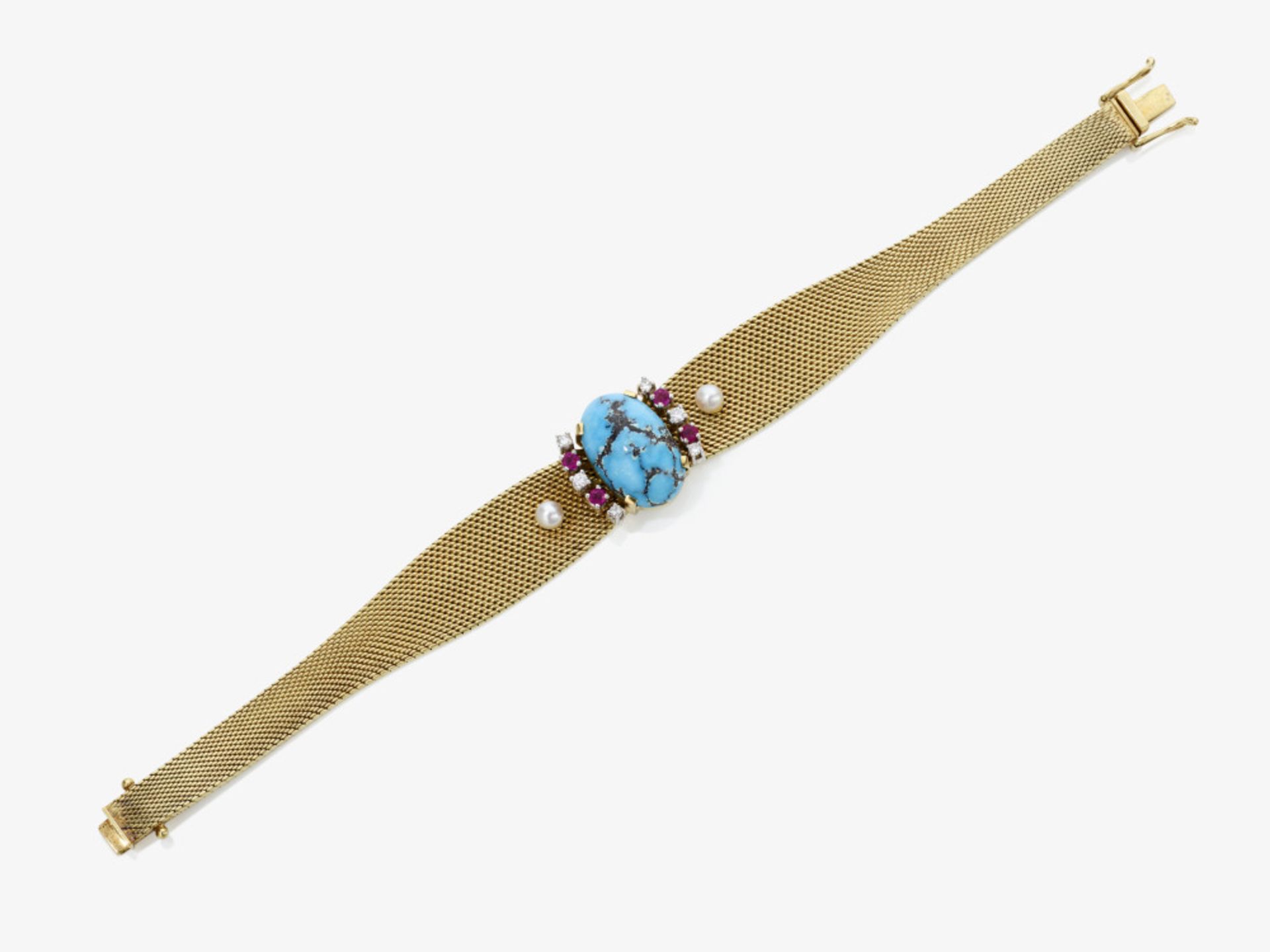 A bracelet with turquoise, brilliant-cut diamonds and rubies - Germany, 1960s / 1970s - Image 2 of 2