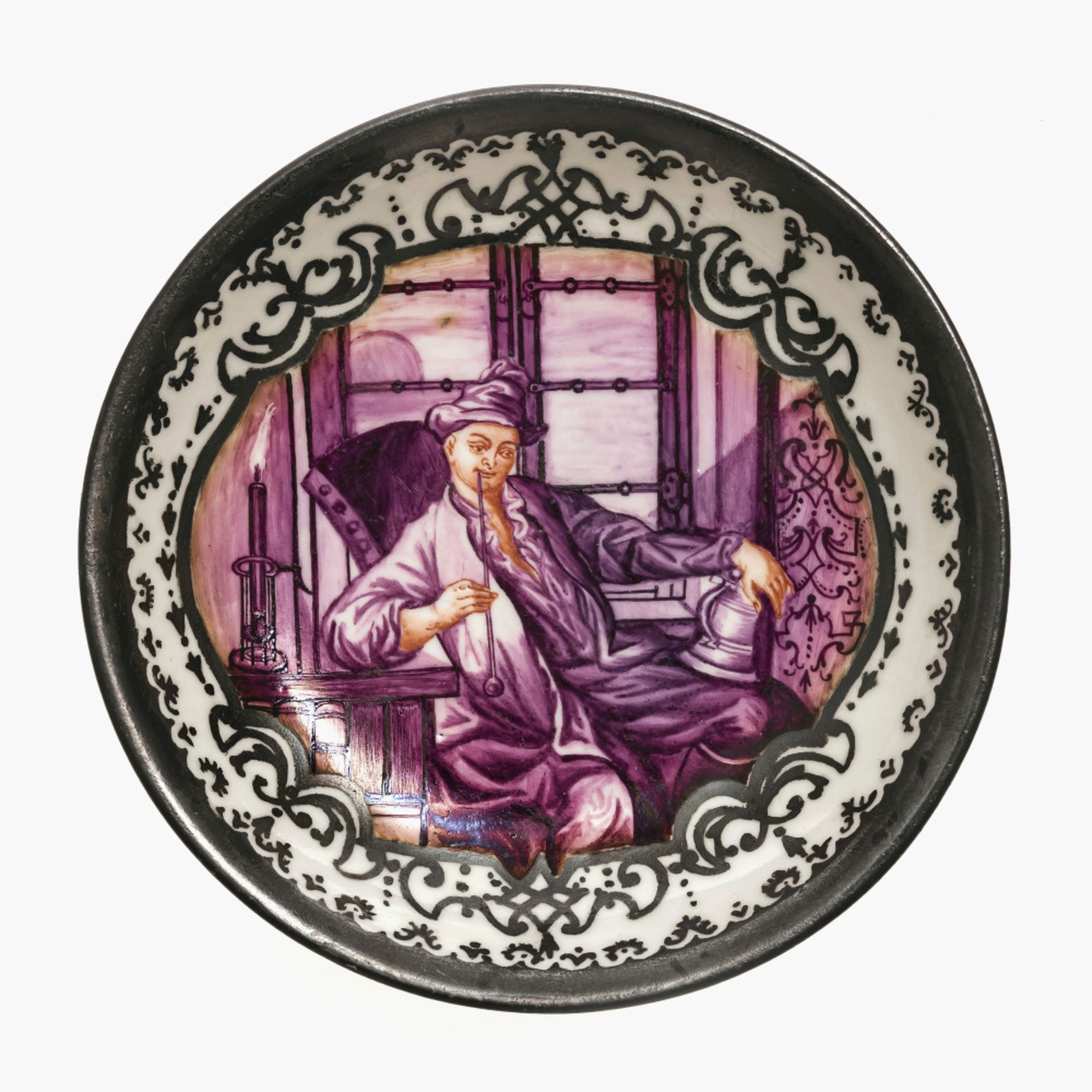 A Hausmaler saucer - Meissen, circa 1725, painting attributed to Abraham Seuter, Augsburg, 2nd quart