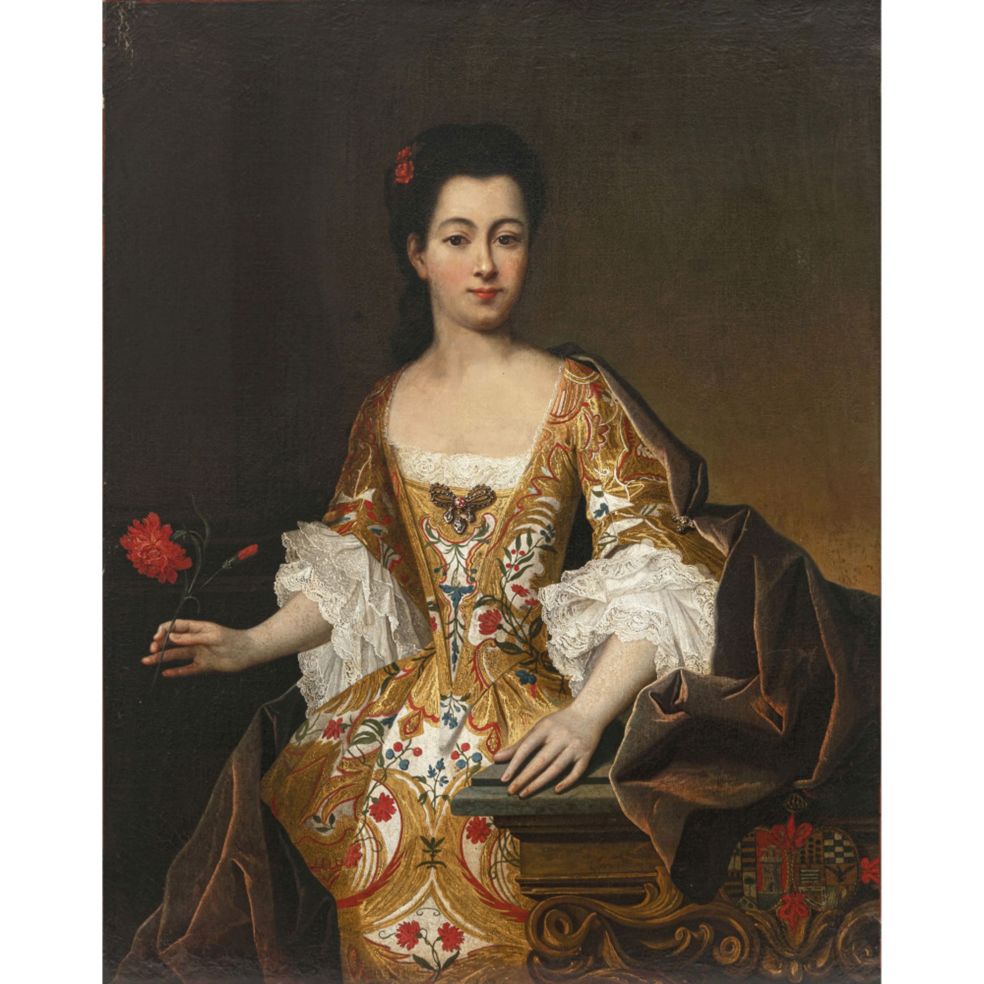 Frankreich o. Spanien circa 1720 - Portrait of a lady with red carnations