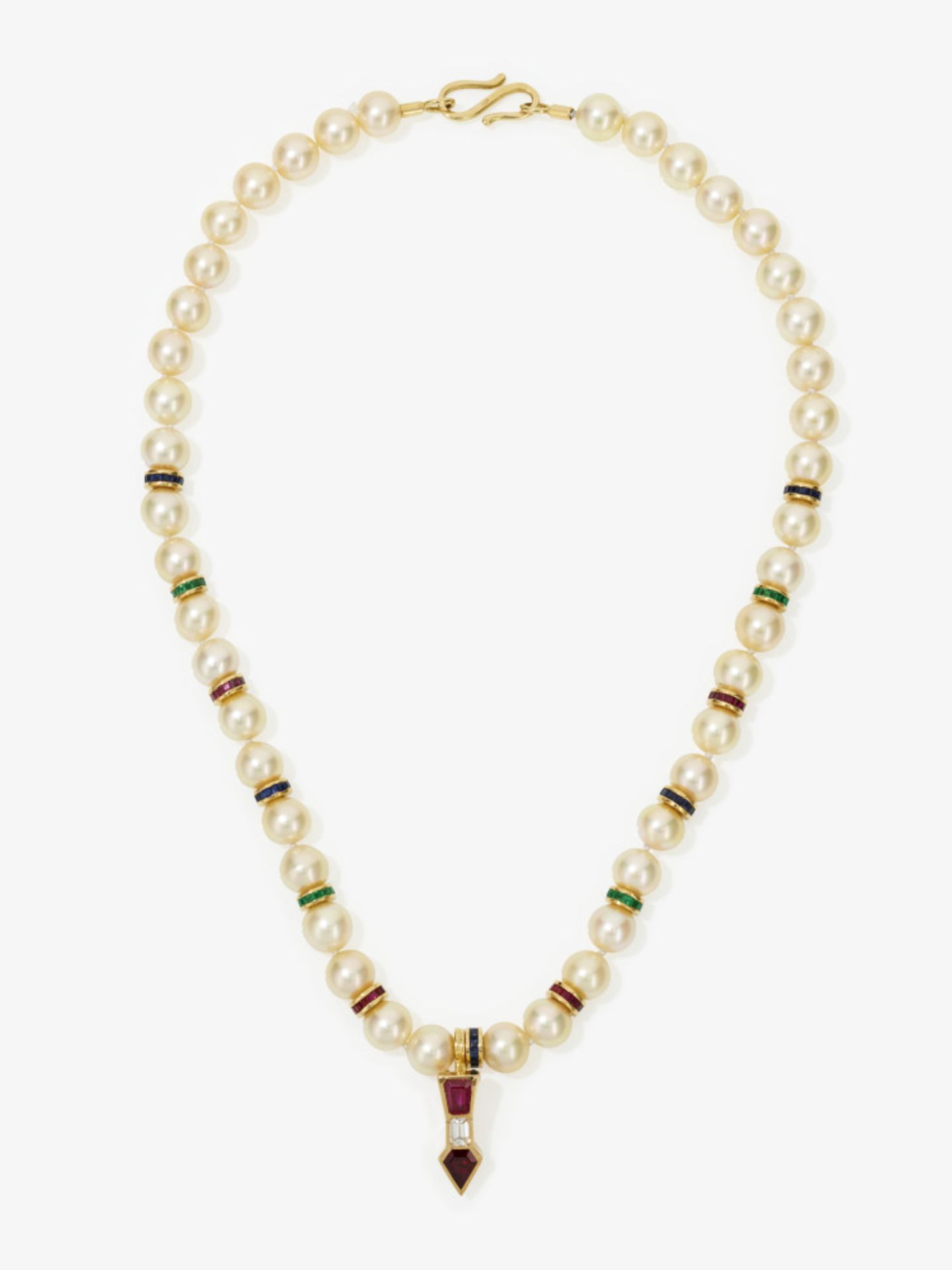 A cultured pearl necklace with a pendant with sapphires, emeralds, rubies and a diamond - Image 2 of 2