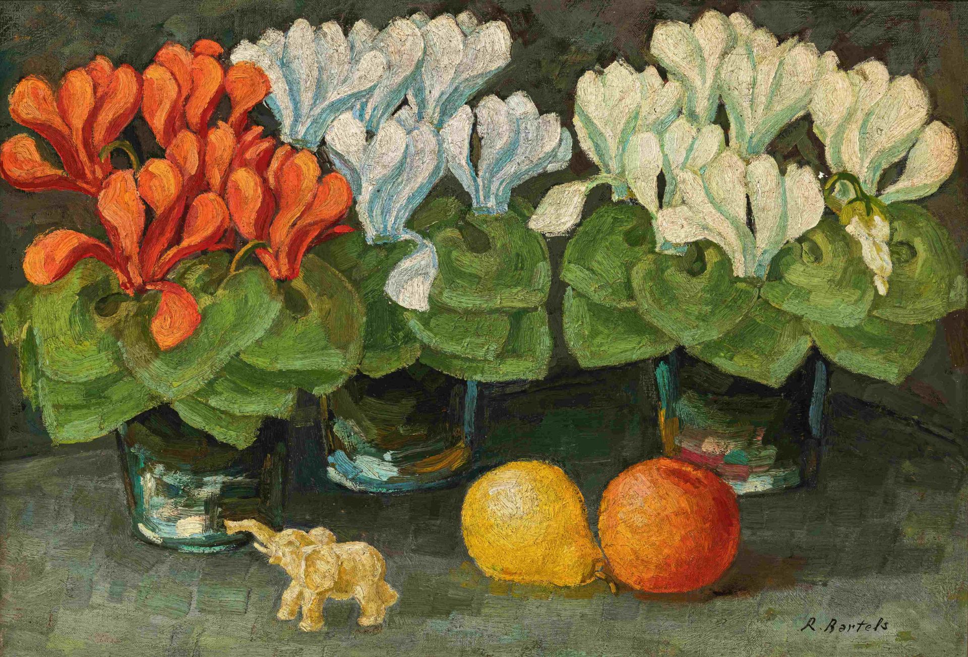 Rudolf Bartels - Still life with cyclamen, citrus fruits and a figure of an elephant