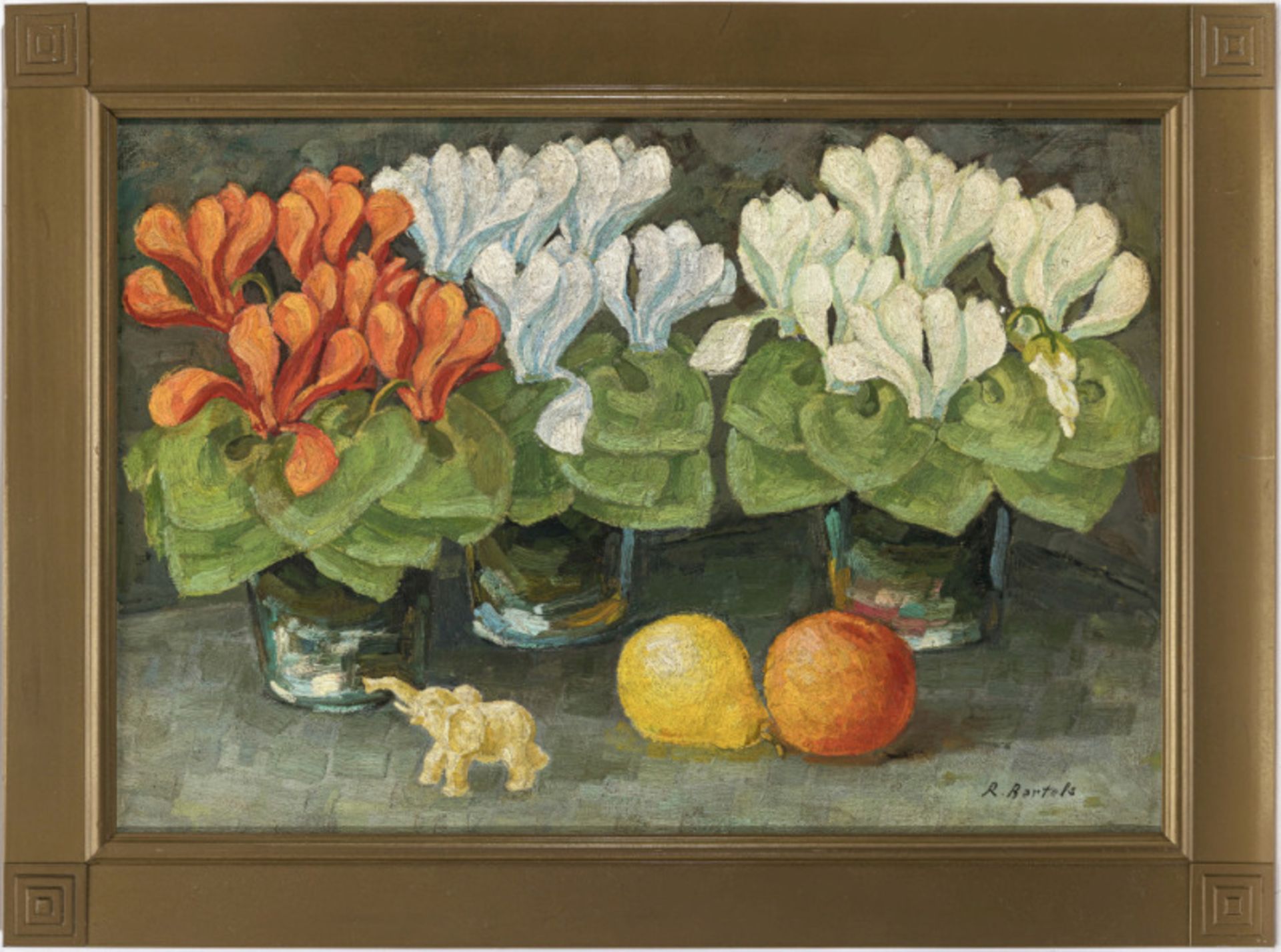 Rudolf Bartels - Still life with cyclamen, citrus fruits and a figure of an elephant - Image 2 of 3