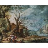 Flämisch Early 17th century - Tree landscape with the parable of the Good Samaritan