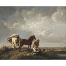 Niederlande 17./18. Jh. - Rastende Bauernfamilie mit zwei Pferden in weiter Landschaft