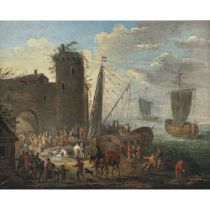 Niederlande 17. Jh. - Küstenlandschaft mit Schiffen und Figurenstaffage