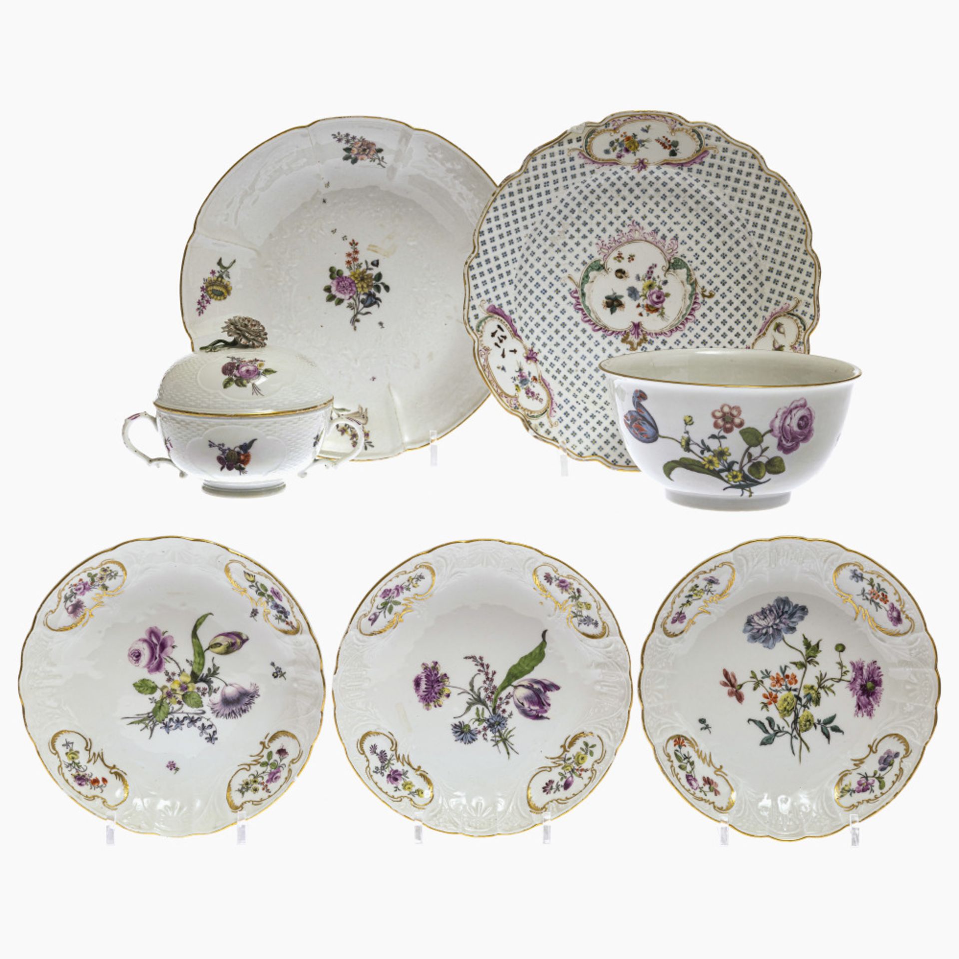 A bowl, sugar bowl and five plates - Meissen, 18th century