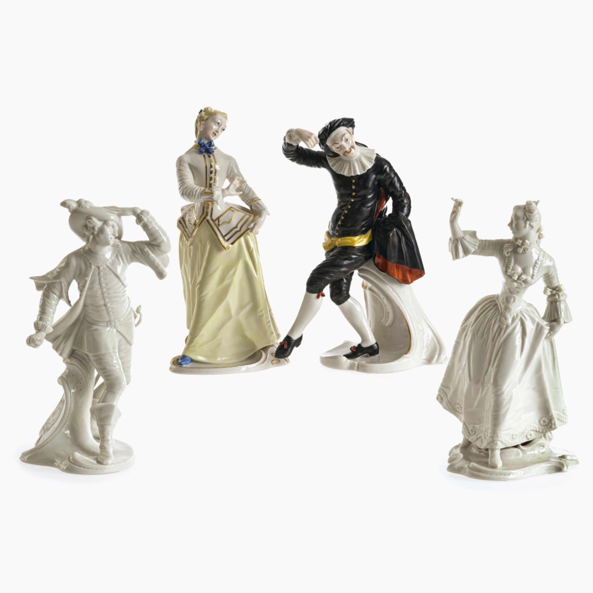 Four figures from the Commedia dellArte - "Scaramouche", "Julia", "Capitano Spavento", "Leda" - Nymp