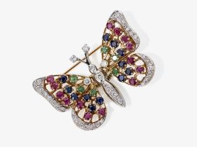 Zitterbrosche in Schmetterlingform mit Brillanten, Rubinen, Saphiren und Smaragden - USA