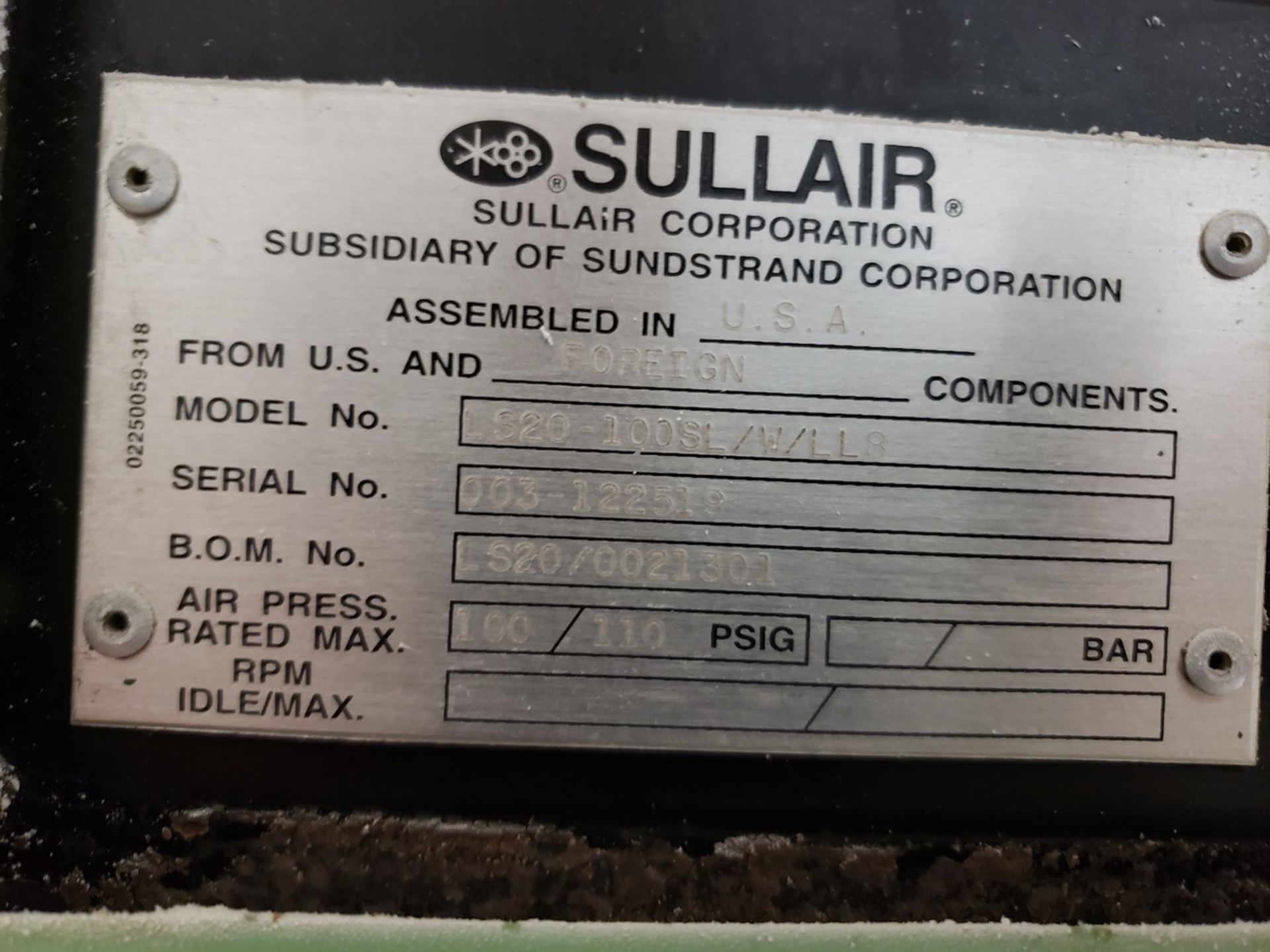 Sullair 100 HP Rotary Screw Air Compressor, M# S20-100SL/W/LL8 - Image 2 of 2