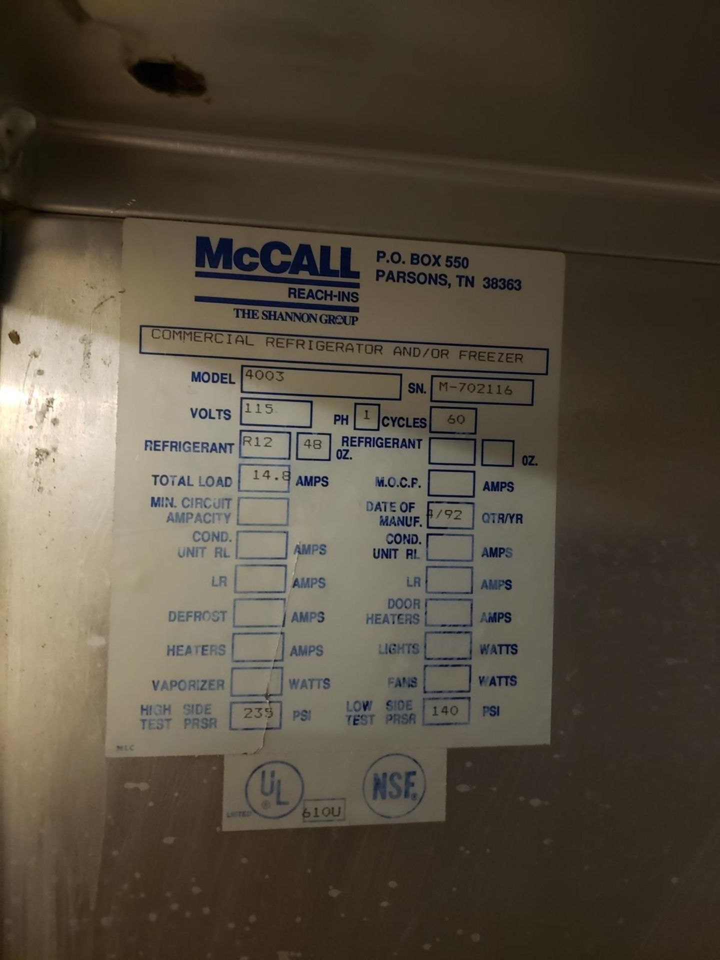 McCall Commercial (3) Door Refrigerator and/or Freezer, M# 4003, S/N M-702116 - Image 2 of 3