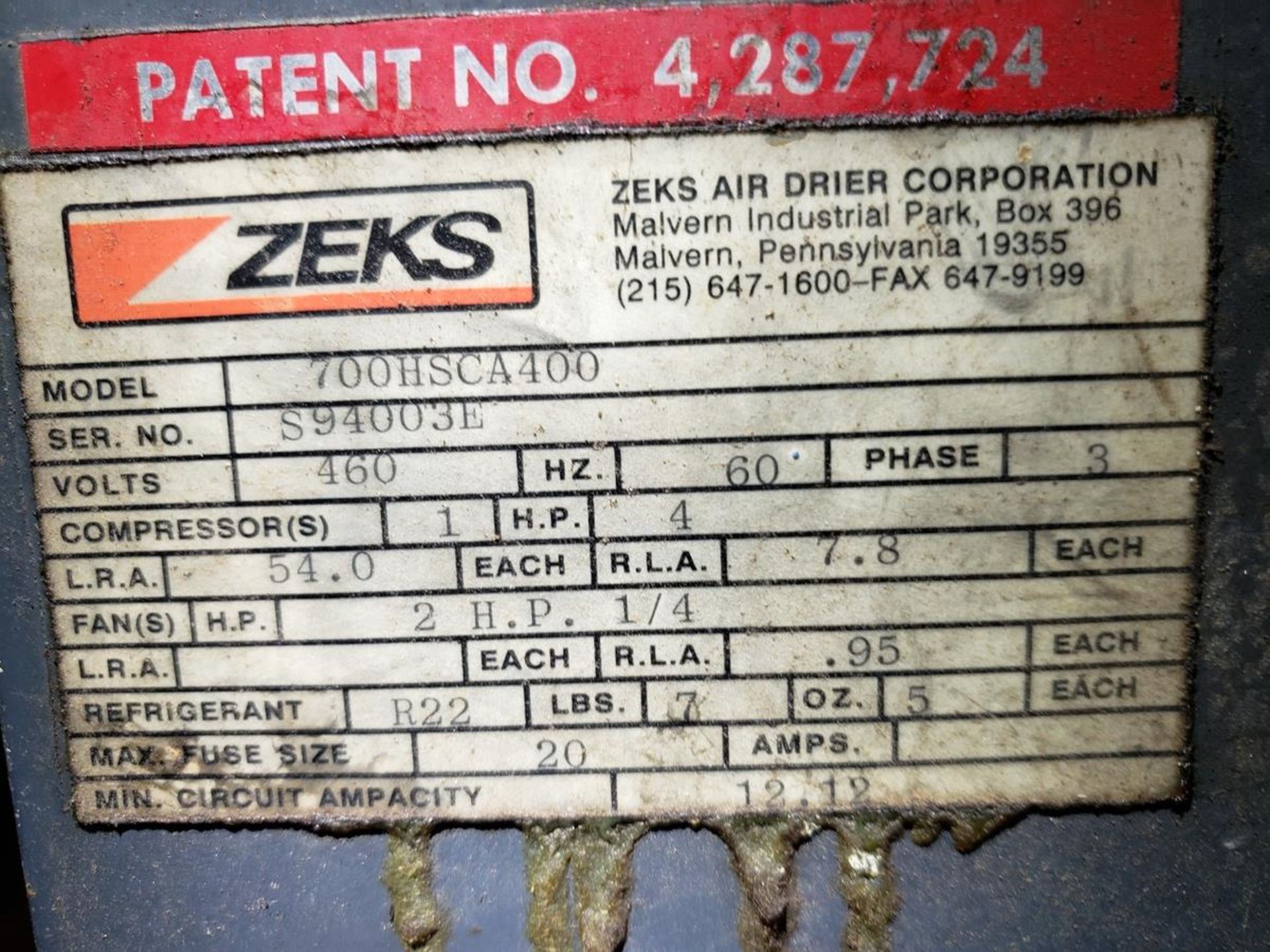 Zeks Refrigerated Air Dryer, M# 700HSCA400 - Image 2 of 2